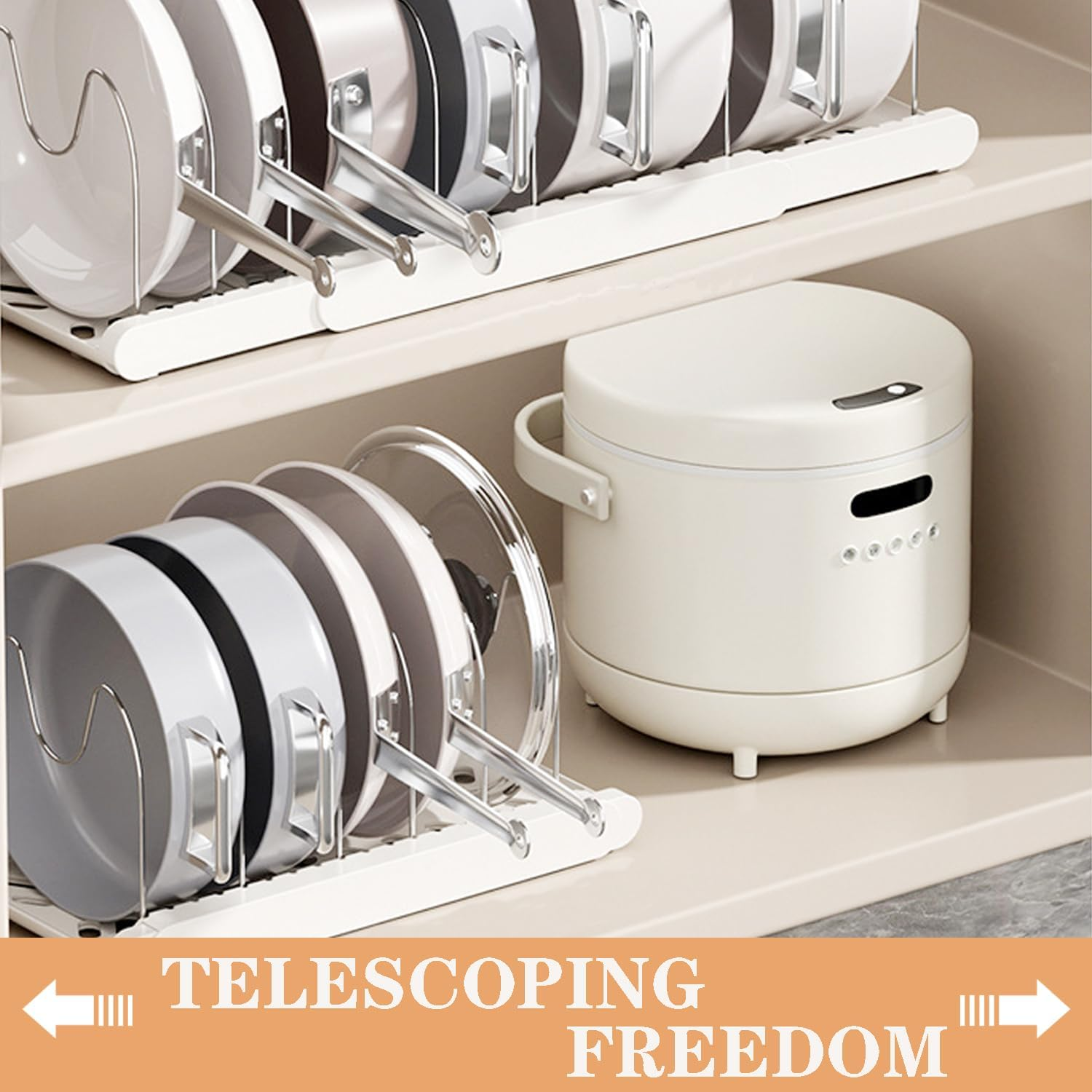 Pots and Pans Organiser, Expandable Pans Organizer Rack, 7 Adjustable Compartments, Cookware Holder for Pantry or Cabinet, White