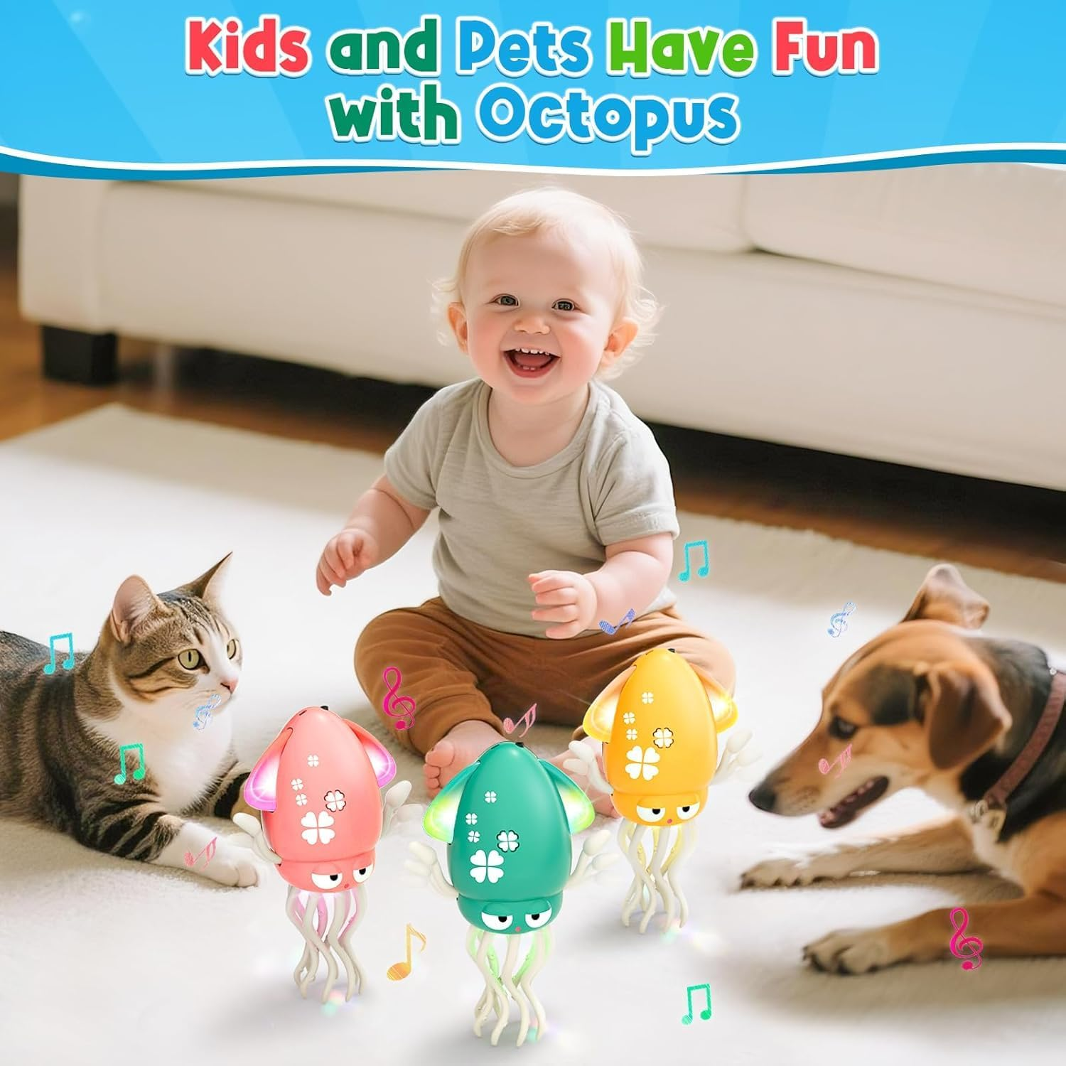 Dancing Octopus Toy, Electric Crawling Octopus Tummy Time Toy, Rechargeable Magic Dancing Music Squid Baby Toys for 3 4 5 6 Year Old Kids Boy Girl Birthday Gifts Christmas Stocking Stuffers(Yellow)