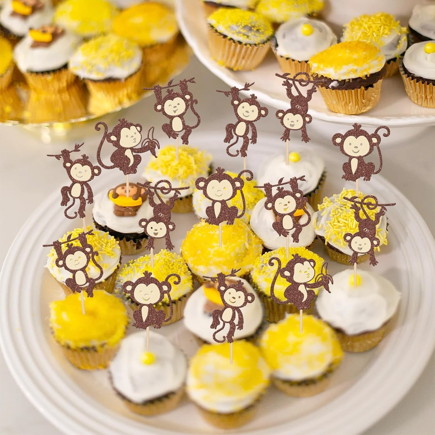 SYKYCTCY 30 Pack Monkey Cupcake Toppers Glitter Cut Monkey Animal Cupcake Picks for Forest Animals Zoo Theme Baby Shower Birthday Cupcake Decorations Party Supplies (Color-01) image number 3