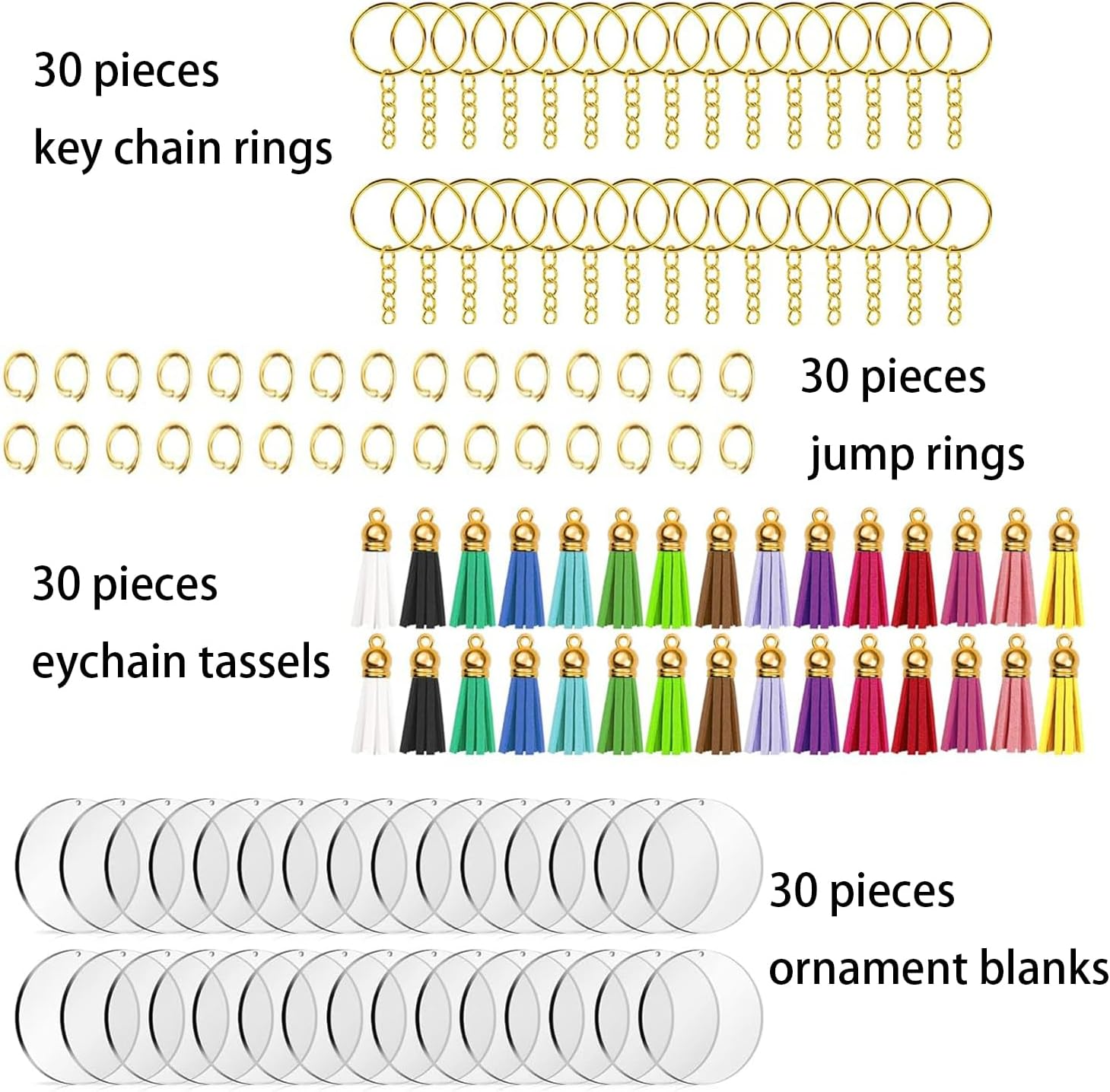 Roczential 120 Pack Blanks, Craft Tassels, Bulk Acrylic Keychain for Craft Set with Acrylic Blanks, Key Rings, Tassels and Jump Rings, DIY Keychain Supplies