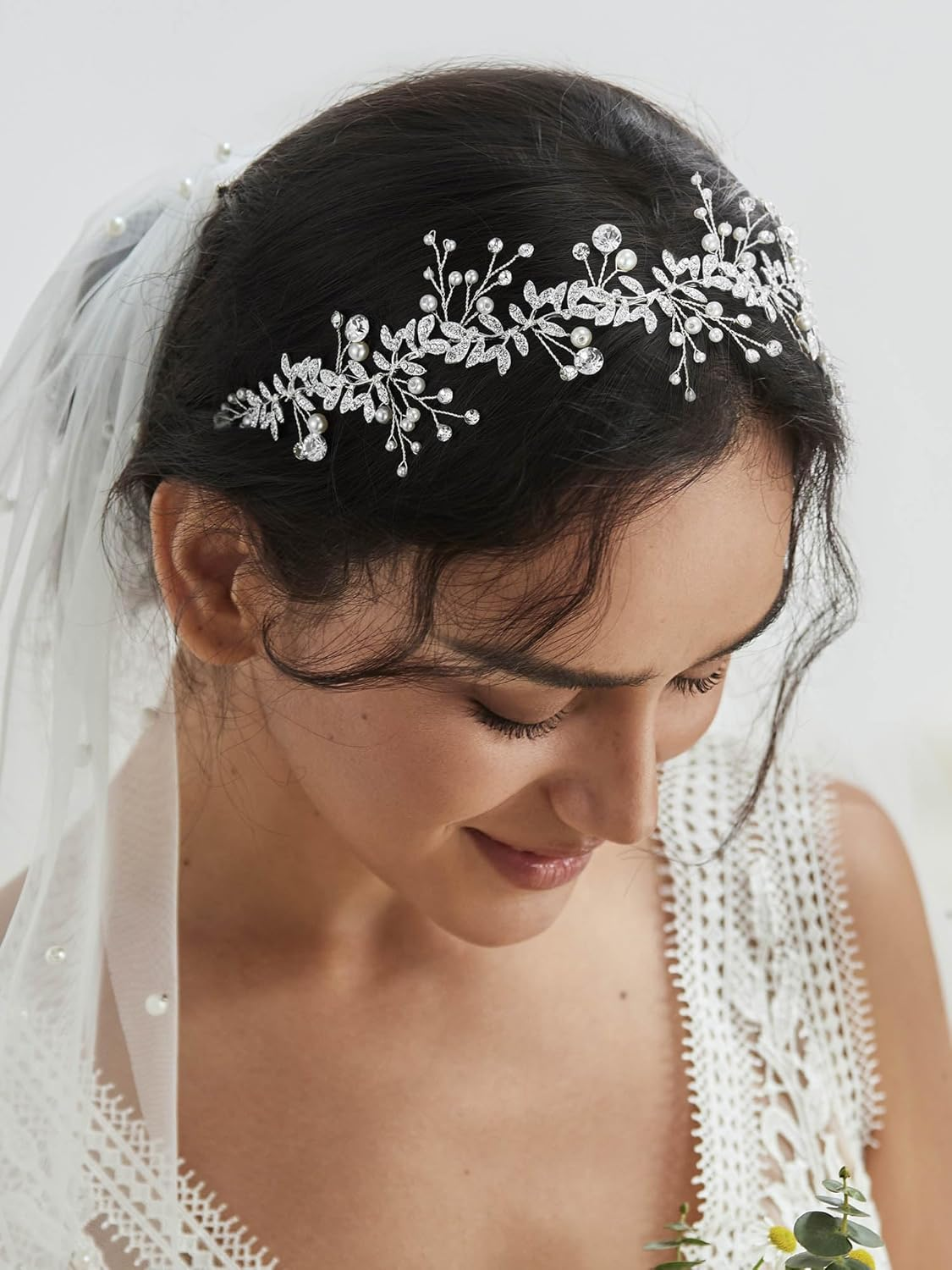 SWEETV Pearl Rhinestone Hair Vine Band Bridal Headband Tiara - Bohemian Hair Accessories, 1 Count (Pack of 1), Crystal Simulated Pearl image number 5