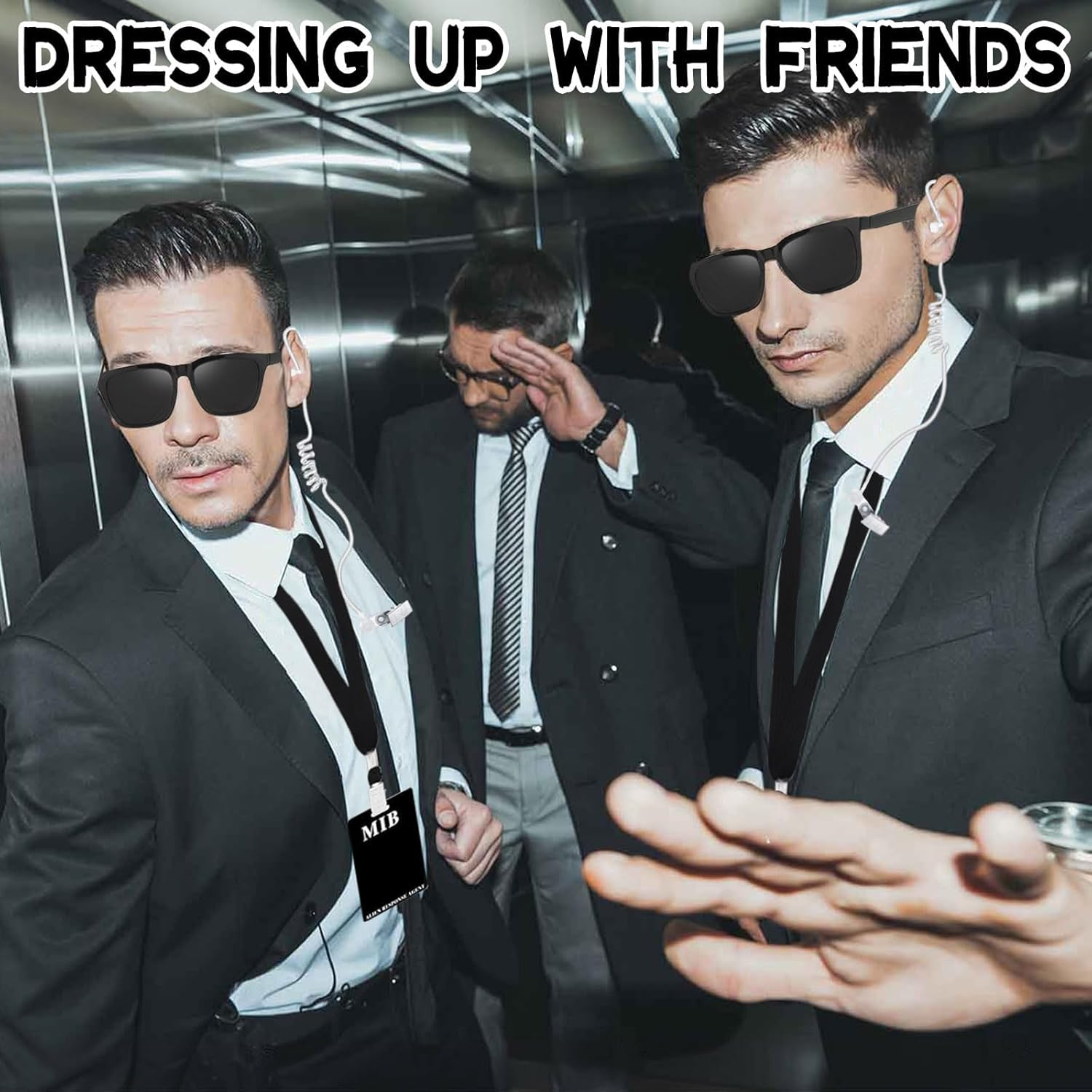 4Pcs Agent Costume Accessories Set, Secret Agent Fancy Dress Kit with ID Card Prop Lanyard Fake Earpiece Ziptie Black Frame Sunglasses for Adults Carnival Halloween Cosplay Dress up Party image number 1