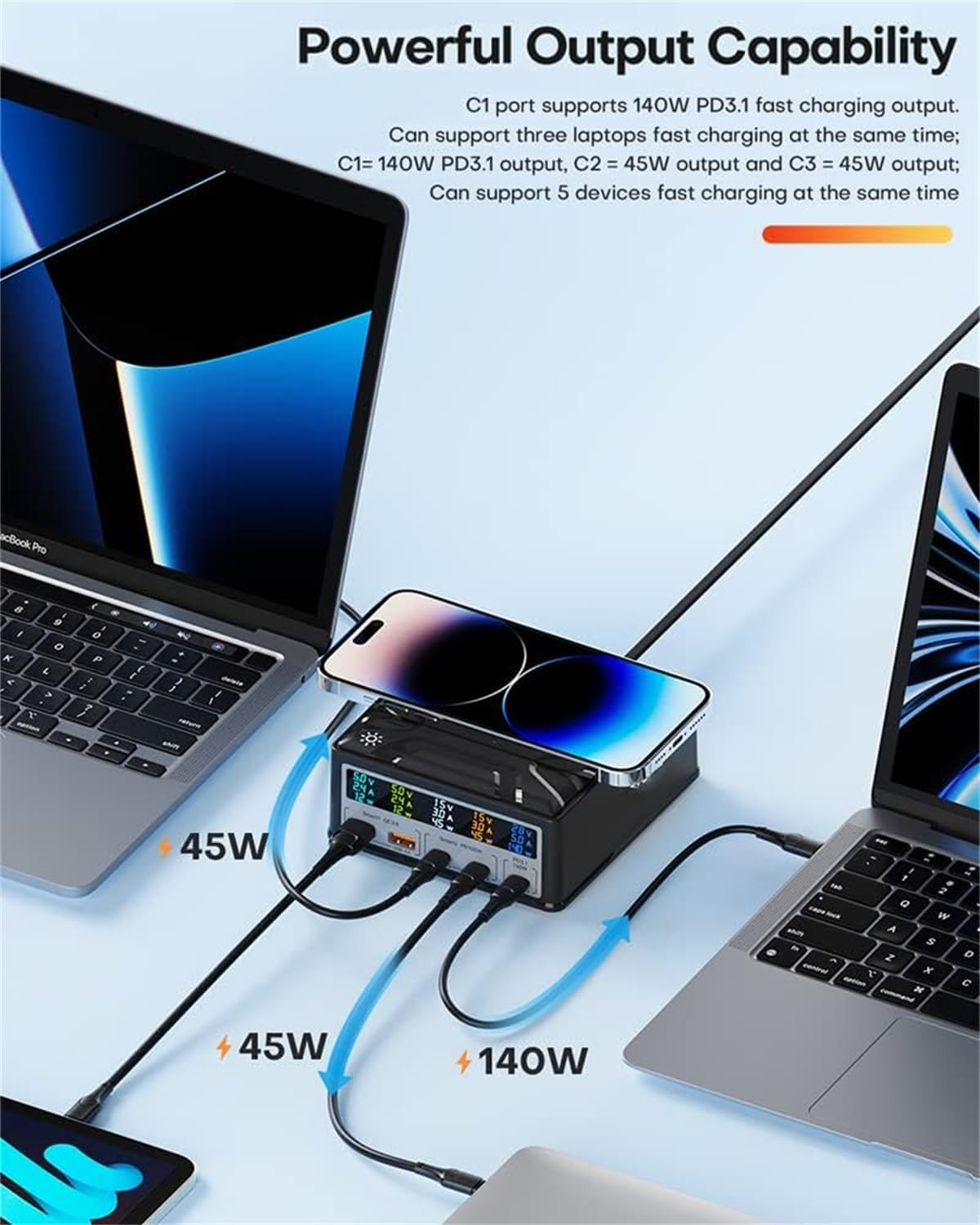 USB C Charging Station 260W, Support 140W Mac Book Pro 16 Fast Charge, Multiport USB C Charger Station 100W PD Laptop Charge Docking with 15W Wireless Charging for Macbook,Laptop,Ipad,Iphone,Samsung image number 4