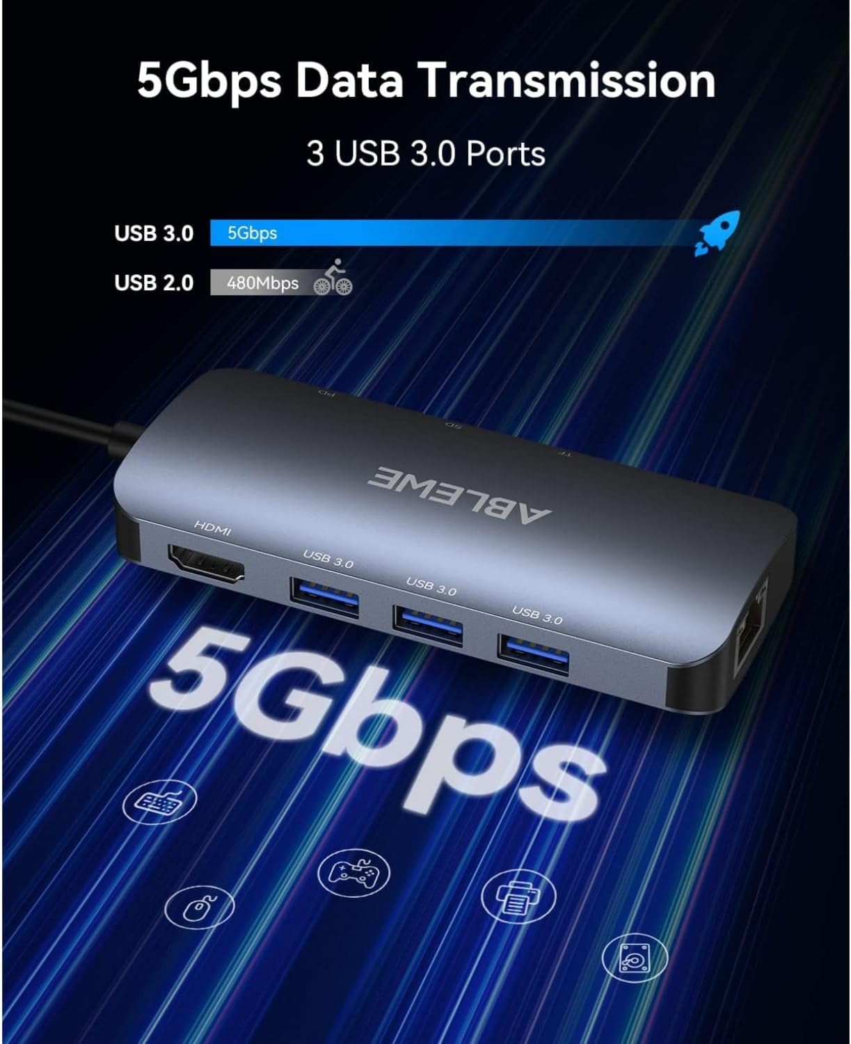 ABLEWE USB C to Ethernet Hub, 8-In-1 Macbook Adapter with 4K@60Hz HDMI, 1000Mbps Ethernet, 100W PD, SD/TF Card Reader, 3 USB 3.0 Ports, Multiport Docking Station Compatible for Macbook, Tablet, Phone