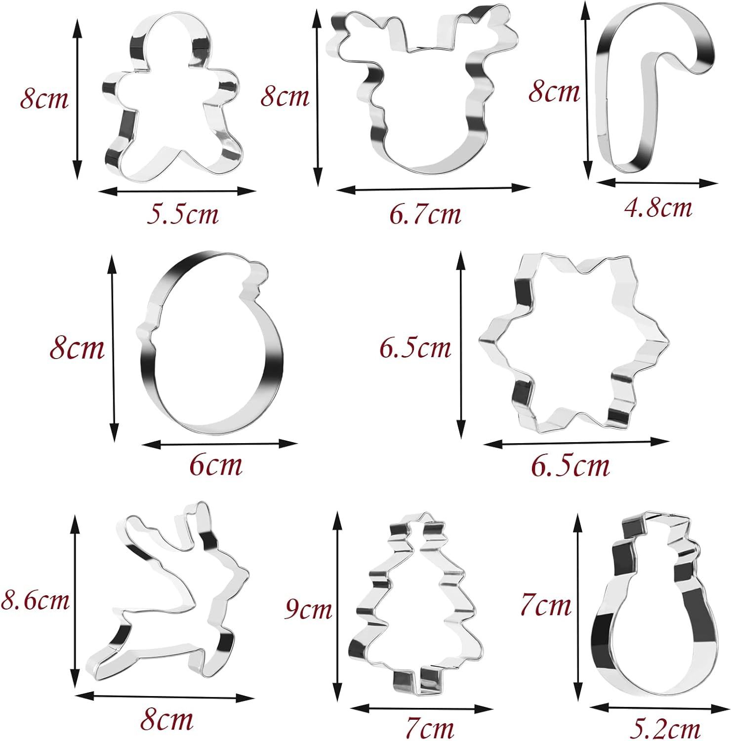 Christmas Cookie Cutters, Santa Claus, Snowflake, Christmas Tree, Snowman, Reindeer, Gingerbread Man, Stainless Steel Cookie Cutters for Baking Cookies Fondant Set of 8