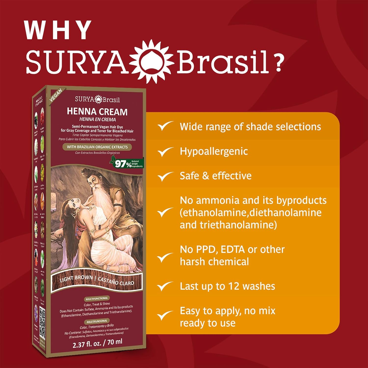 Surya Brasil - Henna Cream Hair Coloring with Organic Extracts Light Brown - 2.31 Oz. image number 6
