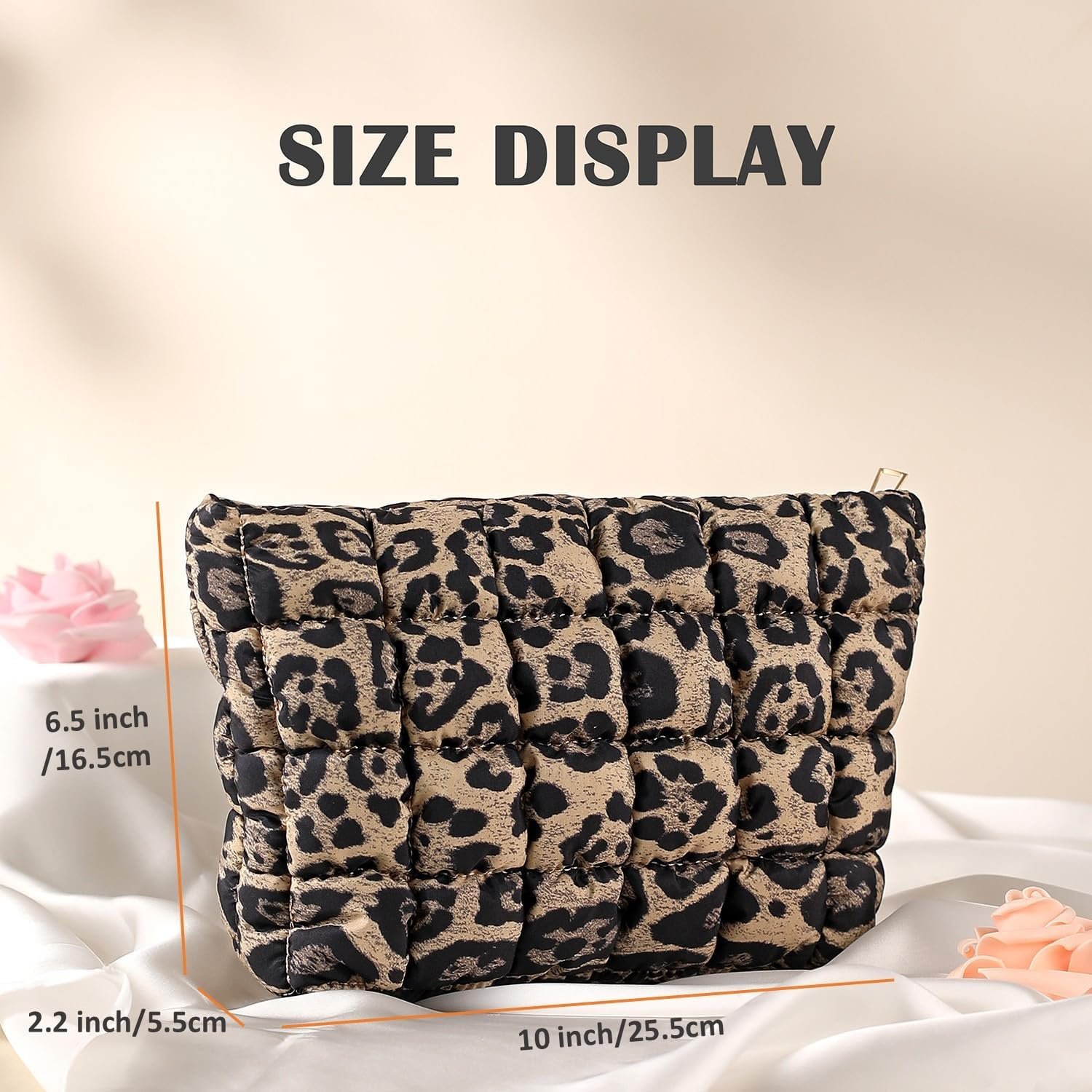 Puffy Quilted Makeup Bag, Travel Cosmetic Bag for Women, Toiletry Organizer Pouch, Clutch (Brown Leopard)