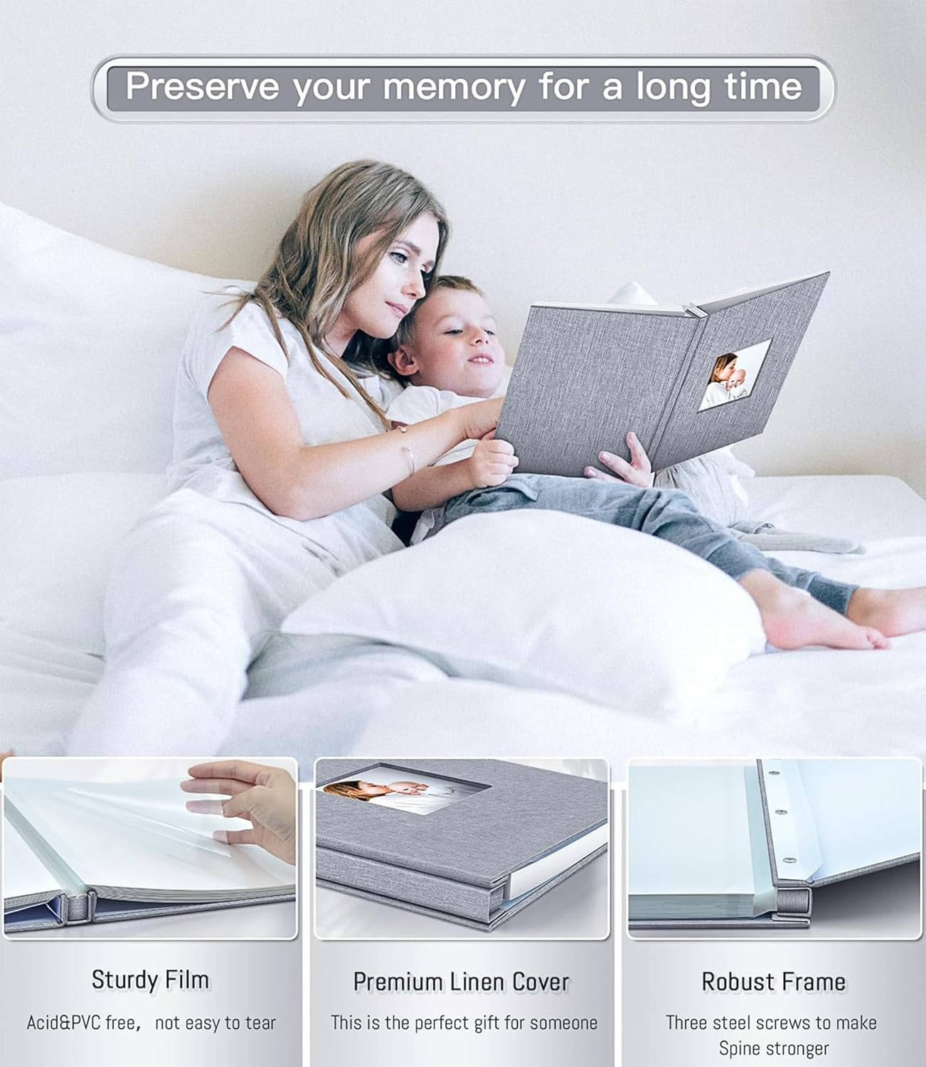 EZKOXAH Photo Album Self Adhesive Book with Picture Window Linen Cover, 20 Pages/40 Sides DIY Pasted for Family Travel, Baby Growth Record, Wedding Scrapbook, Birthday Gifts (Gray, Medium (28X27Cm)) image number 5