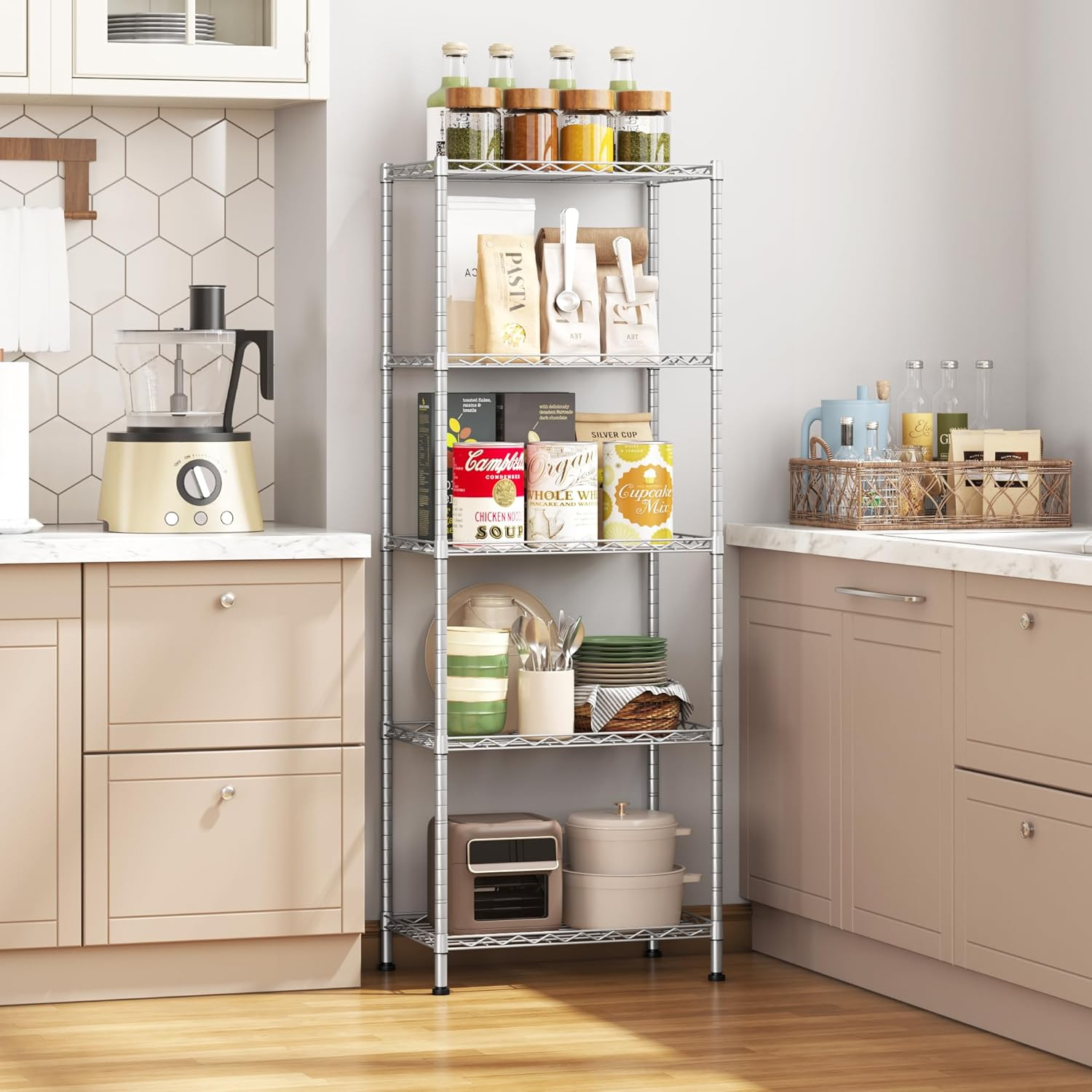 HOMEFORT 5-Shelving Unit,Adjustable Storage Shelves,Metal Wire Shelf with Shelf Liners and Hooks for Kitchen,Closet,Bathroom,Laundry,Sliver,21" W X 11" D X 59" H image number 1