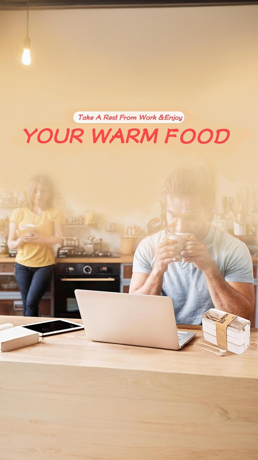 Honwor Leakproof Bento Box for Kids & Adults | 3-In-1 Meal Prep Container | Dishwasher Safe | Japanese Style | Beige | Easy Food Portioning & Storage image number 3