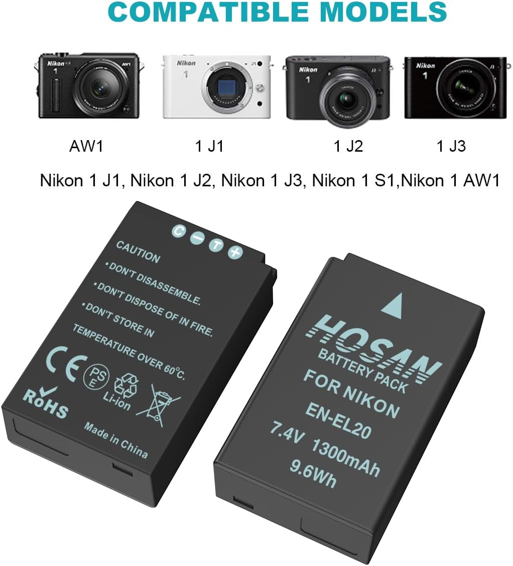 EN-EL20 En-El20A Battery (2 Pack) and USB Charger Kit for Nikon 1 J1, J2, J3, S1, V3, AW1, Coolpix a and P1000 image number 4