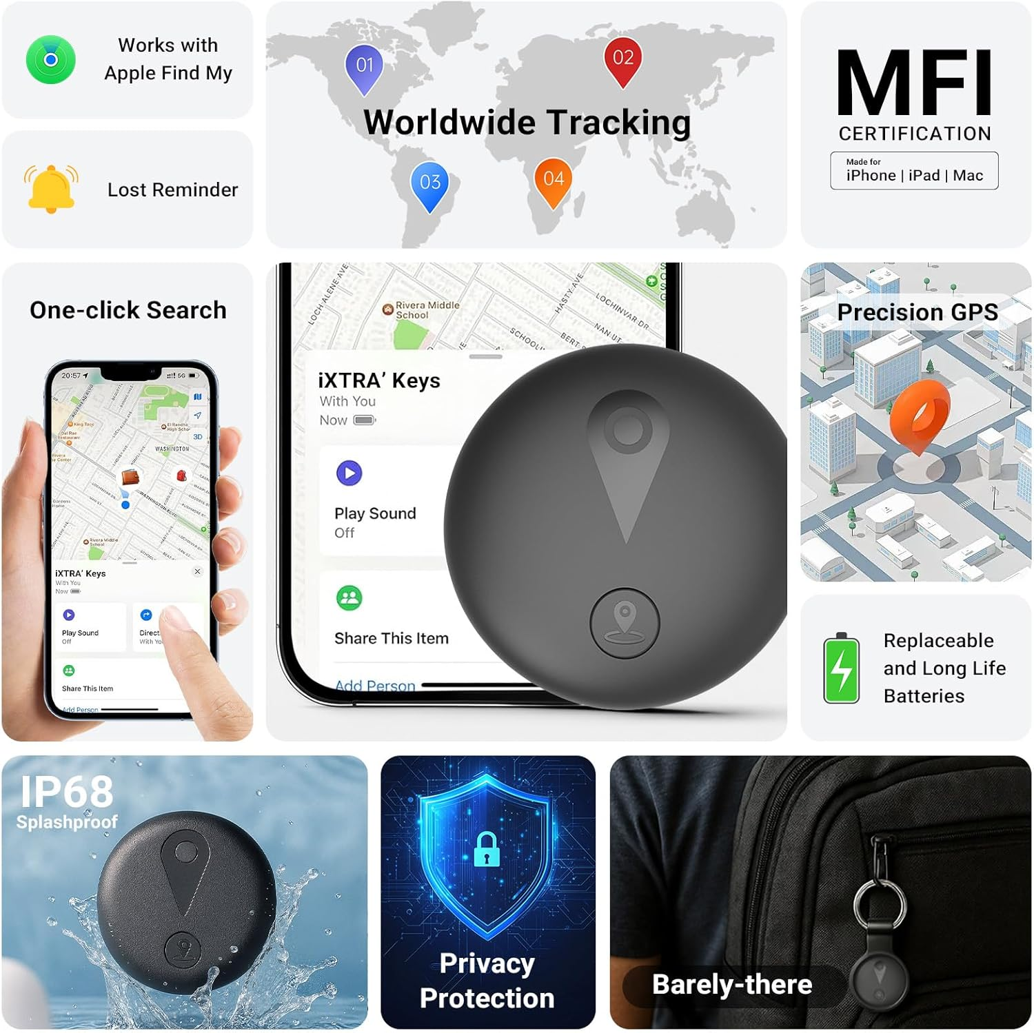 Ixtra New Tracker Tag-2Pack with Holder, Bluetooth Item Finder Work with Apple Find My APP (Ios Only), Easy Battery Replacement, Smart Keys Finder and Item Locator for Keys,Wallet,Pet (2Black) - 2Black image number 5