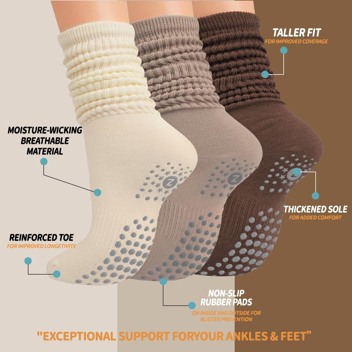 ZANZER (3 Pairs) Scrunch Pilates Grip Socks for Women, Yoga Slouch Socks with Grip for Barre Workout Hospital Dance Gym Exercise,Long Scrunch Slipper Socks - Pink + White + Black image number 3