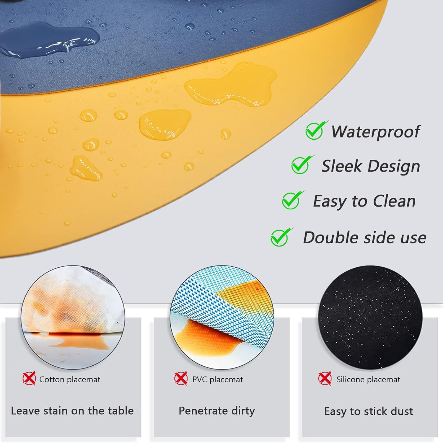 Faux Leather Placemats and Coaster Sets of 4 round - Washable Non-Slip PU Table Mat Wipeable Hot Resistant Place Mats for Kitchen Table (Blue-Yellow, 4) image number 6