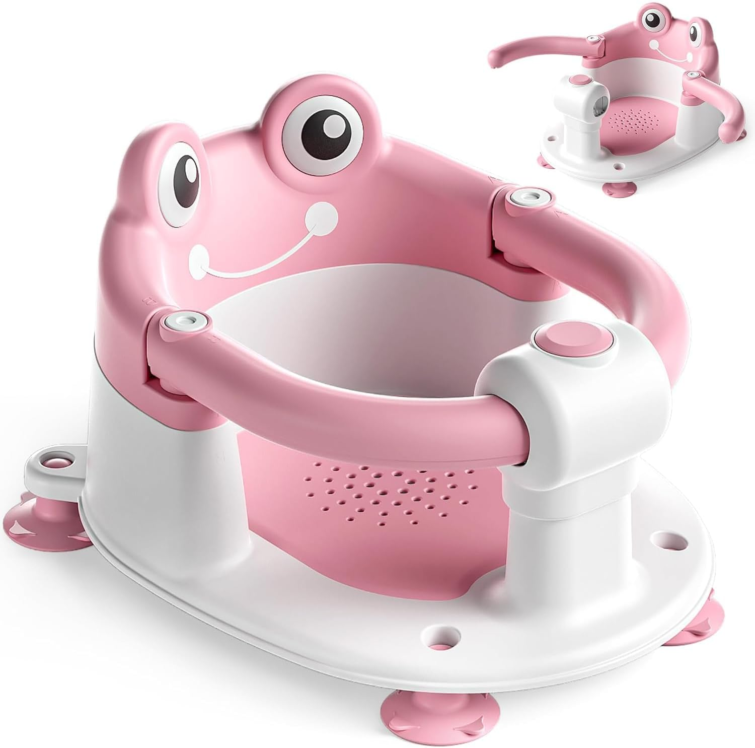 Baby Bath Seat with Safety Handle, Frog Design, 4 Anti-Slip Suction Cups, Ergonomic Support, for Babies 6-18 Months, Grey