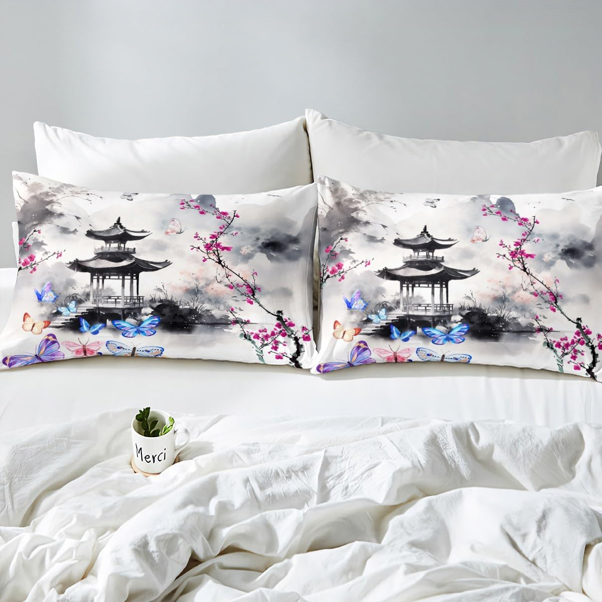 Manfei Chinese Style Duvet Cover Set Twin Size, Watercolor Butterfly Flower Comforter Cover with 1 Pillowcase, Ink Painting Mountain Bedding Set 2Pcs for Kids Boys Girls Lightweight Bedspread Cover