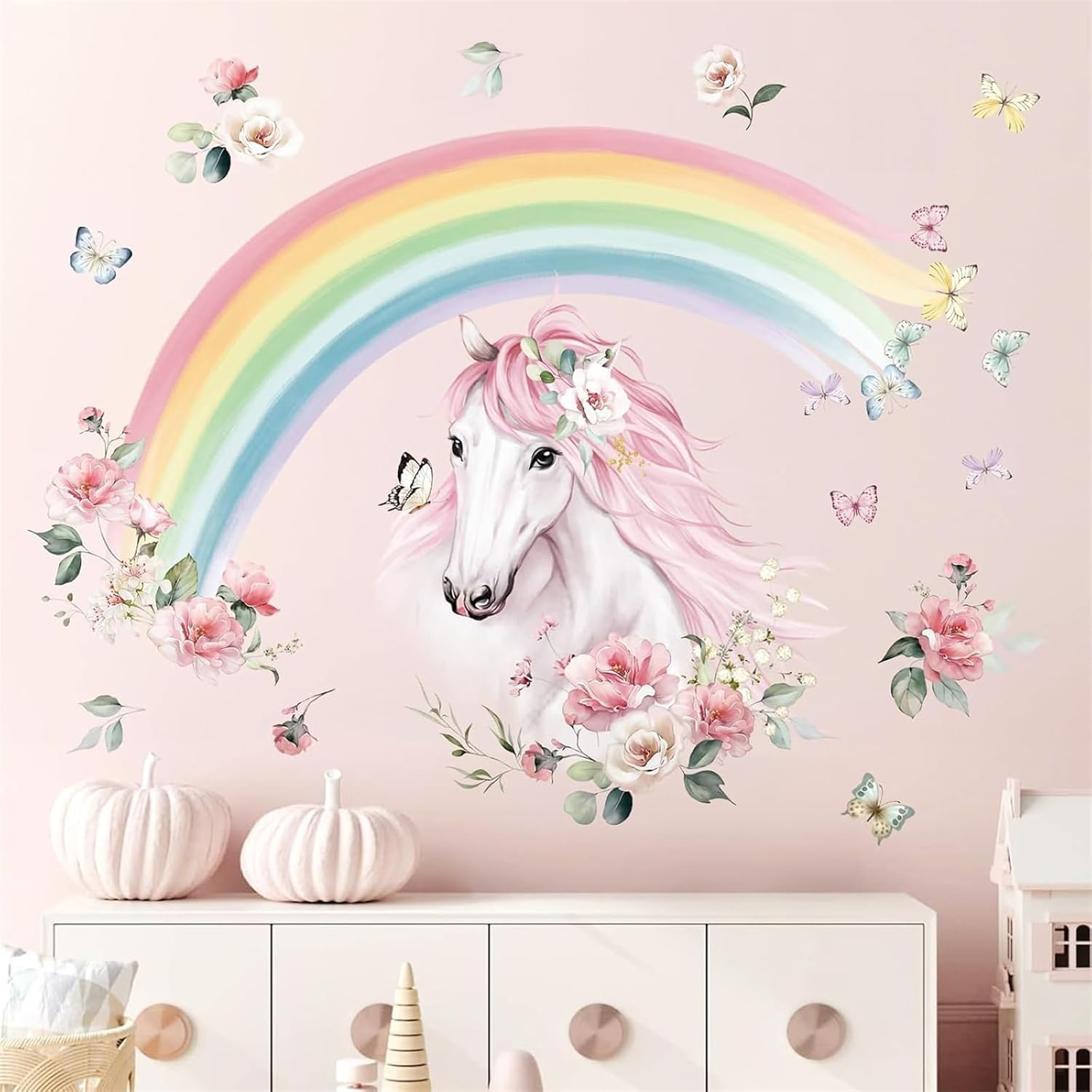 Wondever Large Rainbow Wall Decals Unicorn Flower Peel and Stick Wall Art Stickers for Girls Bedroom Kids Room Baby Nursery