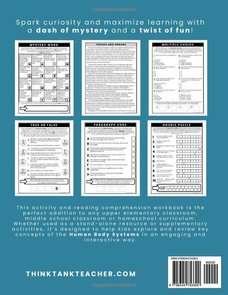 Human Body Systems Interactive Science Workbook for Kids: Puzzles and Secret Codes, Reading Comprehension, Homeschool Curriculum, 11 Body Systems, Muscular, Immune, Skeletal, Digestive