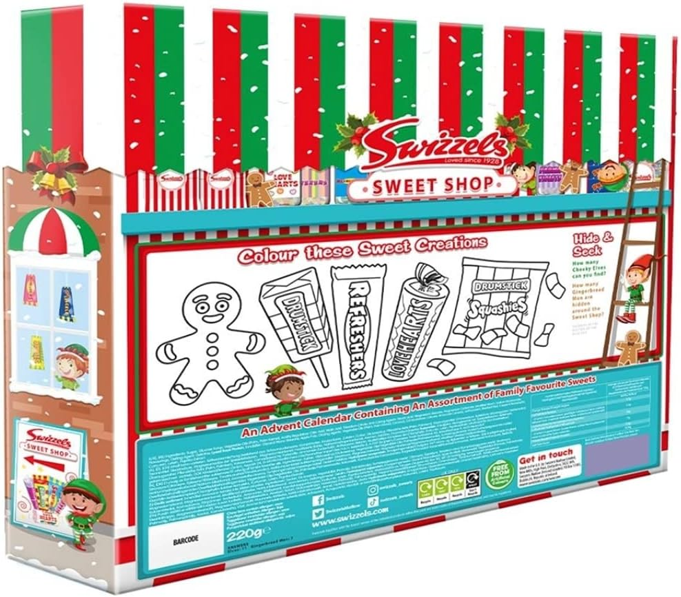 Sweetshop Food Advent Calendar 220G - Christmas Sweets, Includes Refresher Bars, Squashies, Love Hearts, Drumsticks, Sweets Gift Box