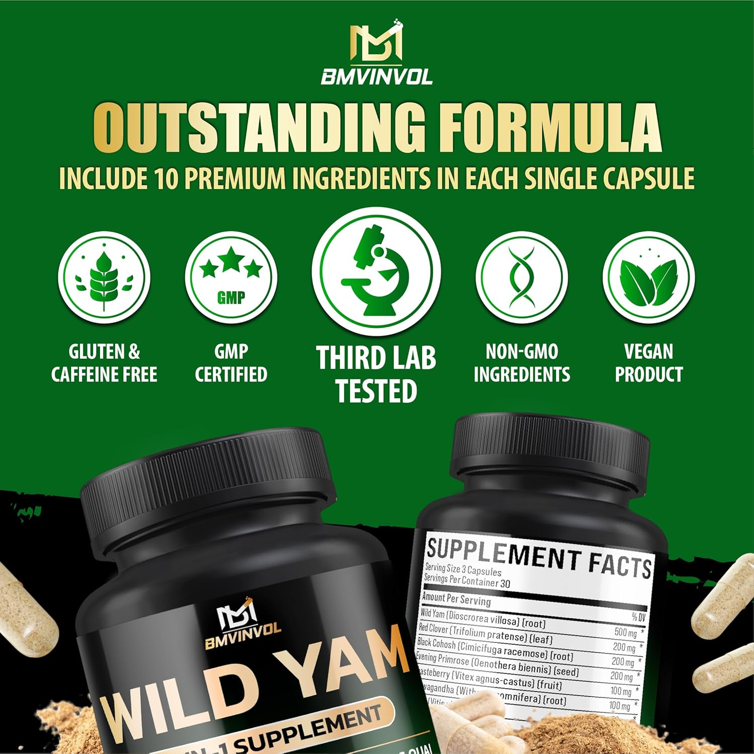 Wild Yam Supplement | Red Clover, Black Cohosh, Evening Primrose, Berberine, Myo-Inositol - Hormone Balance for Women [ 90 Capsules] image number 1