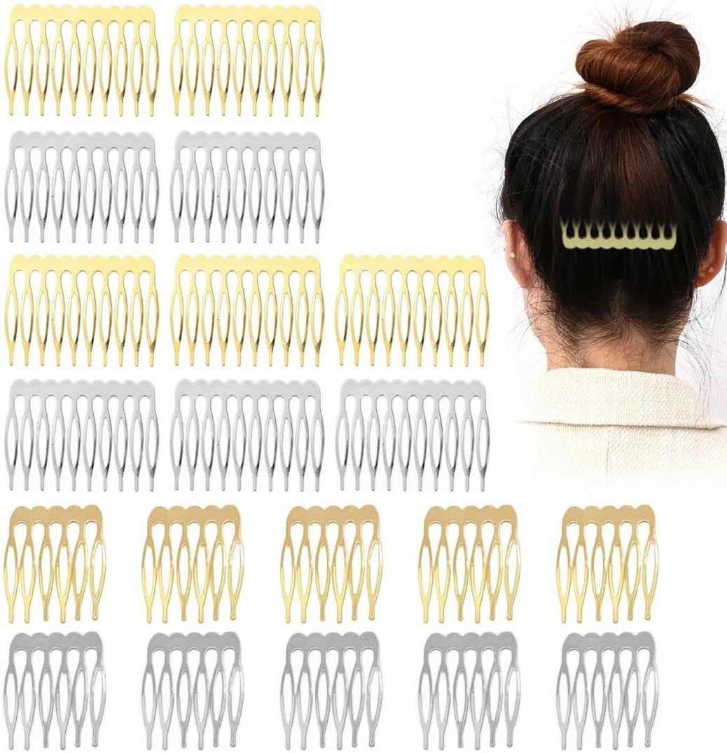 20 Metal Side Combs (10 & 6 Teeth) for Veil, French Women Side Combs with Teeth for Hair Accessories with Silver & Gold Bun Clip image number 4