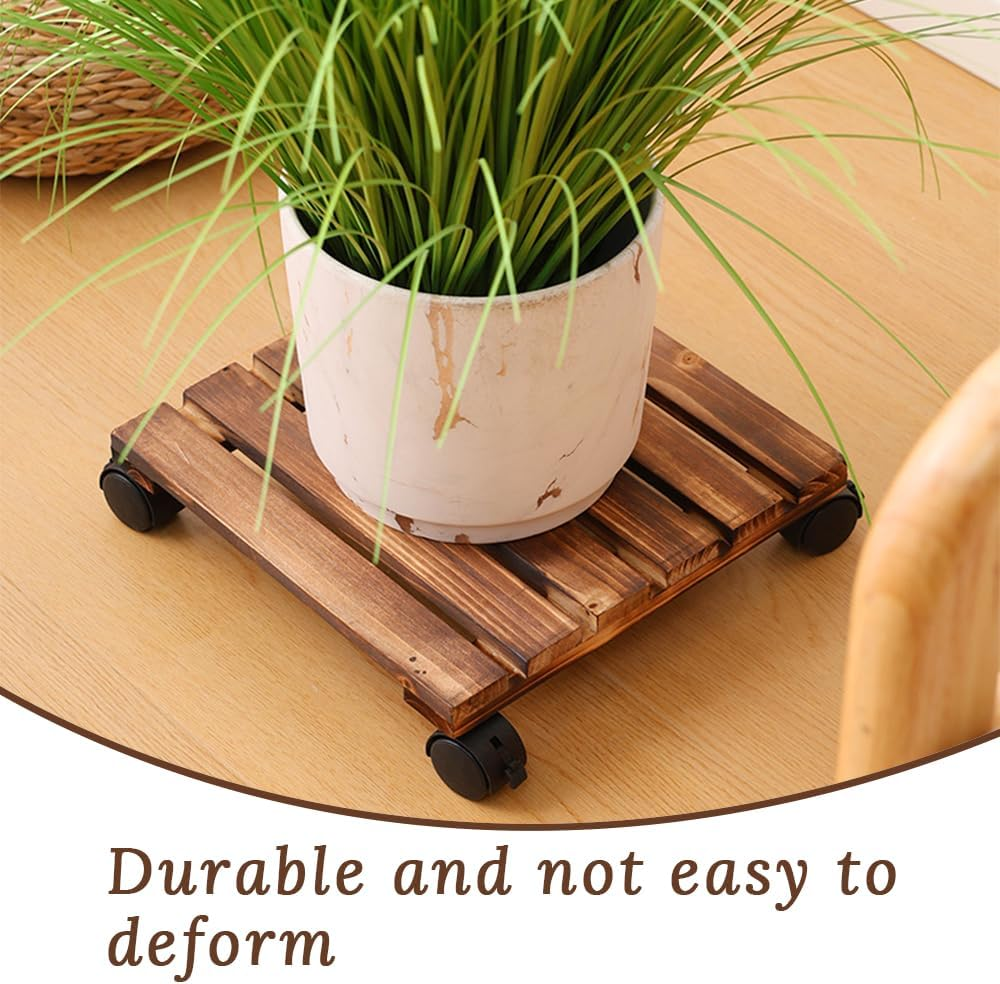 2 Pack Plant Caddy with Wheels,Flower Pot Tray,With 360&deg; Lockable Wheels,Convenient Durable,High Load Bearing,Wood Plant Dolly,For Indoor,Outdoor,Patio,Flower,Succulent Pot image number 2