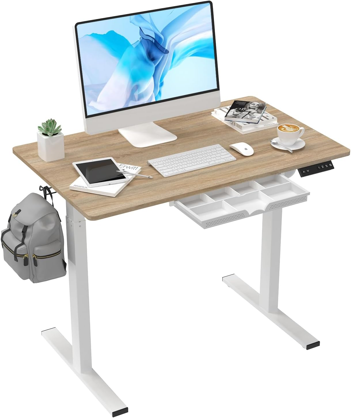 Anshine 100 X 60Cm Electric Standing Desk, Height Adjustable Stand Desk with Drawers,Sit Stand Computer Home Office Desk (Oak Top White Legs) image number 6