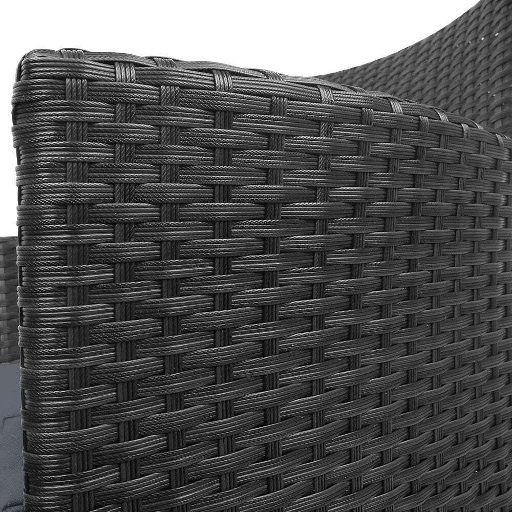 Gardeon 3Pcs Wicker Patio Furniture, Bistro Set Table and Chairs Outdoor Lounge Setting Conversation Sets Dining Chair Garden Backyard, Cushion with Rattan Coffee Table Black Glass Tabletop image number 5