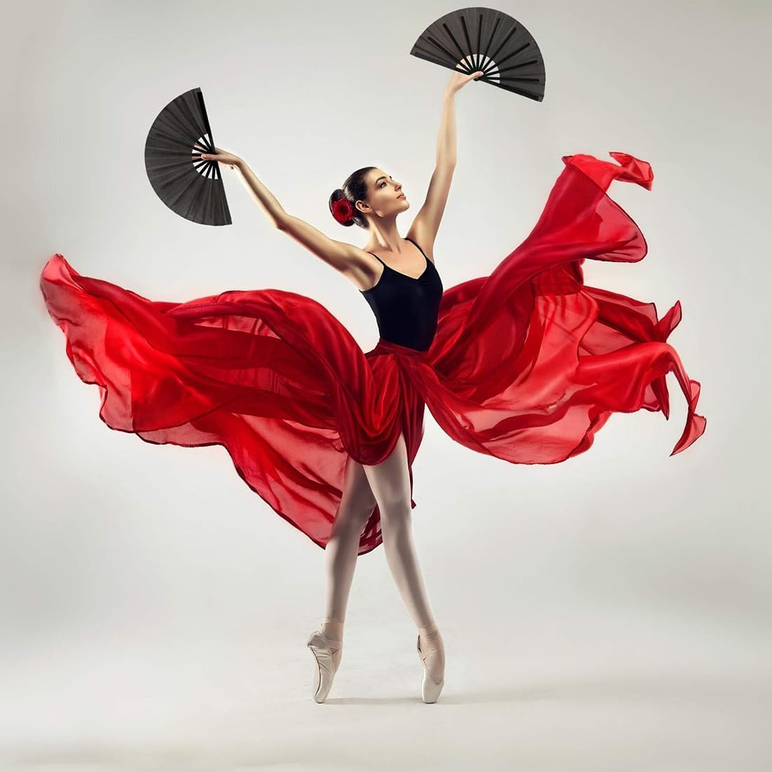 2 Pack Large Folding Hand Fan, Black Chinese Kung Fu Tai Chi Fan, Nylon-Cloth Vintage Retro Fabric Fans Folding Fan for Men and Women Performance, Dance, Decorations, Festival image number 2