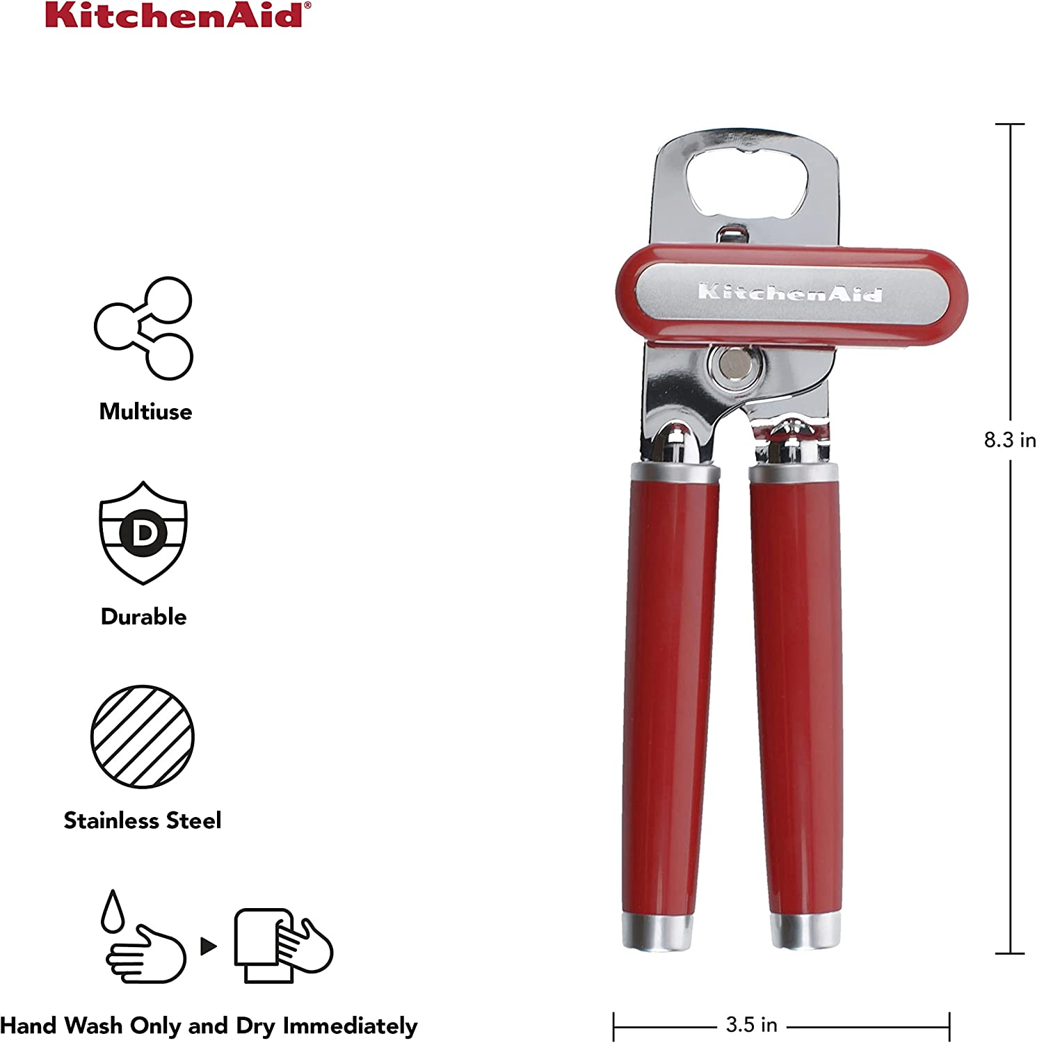Kitchenaid Classic Multifunction Can Opener/Bottle Opener - Razor-Sharp Stainless Steel Cutting Wheel | Integrated Bottle Opener | Easy Crank Knob for Effortless Operation | 8.34-Inch | Empire Red image number 4