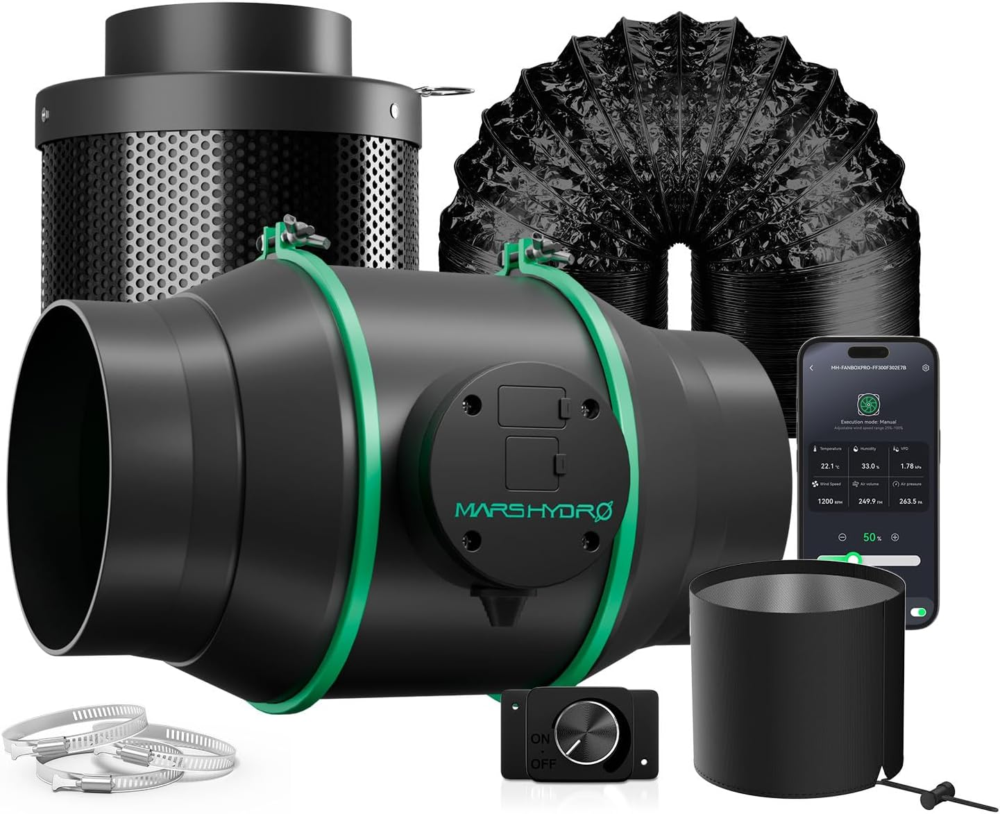 MARS HYDRO Ifresh 4 Inch Smart Inline Duct Fan and Carbon Filter Combo with Speed Controller Hydroponics Grow Tent Ventilation Kit for Heating Cooling Booster, Grow Tents, Hydroponics image number 3