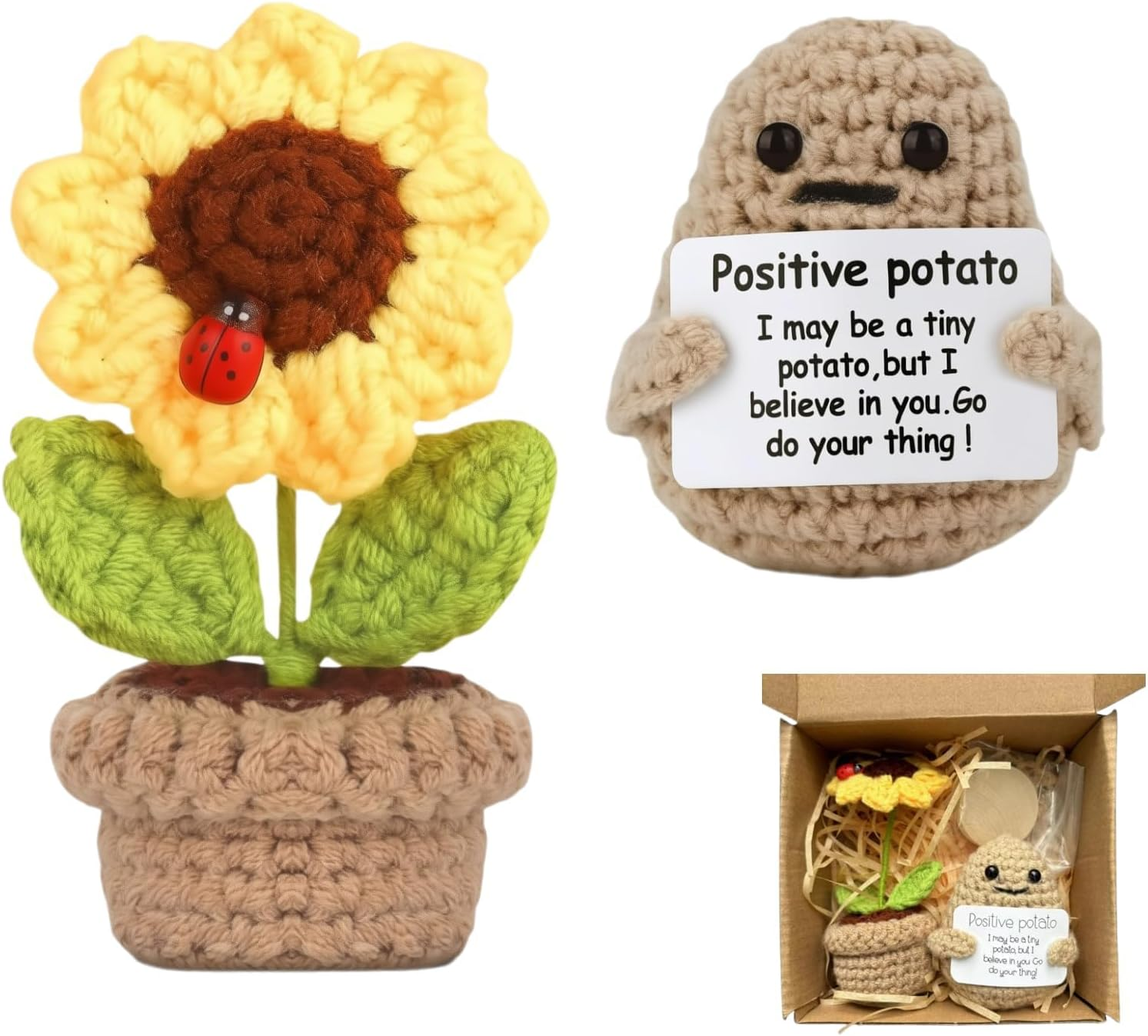 Positive Mini Potato Funny Gifts, 2PCS Emotional Support Sunflower Pot Desk Decoration, Crochet Birthday Gifts for Women, Best Friend, Unique Her, Positivity-Inspired Decor image number 5