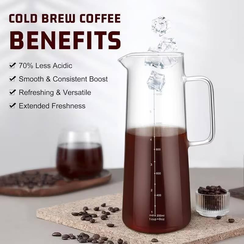 1300Ml Premium Cold Brew Coffee Maker Pot,Borosilicate Glass & Stainless Steel Fine Mesh Filter for Smooth Iced Coffee - Home Barista Essentials (1300Ml) image number 6