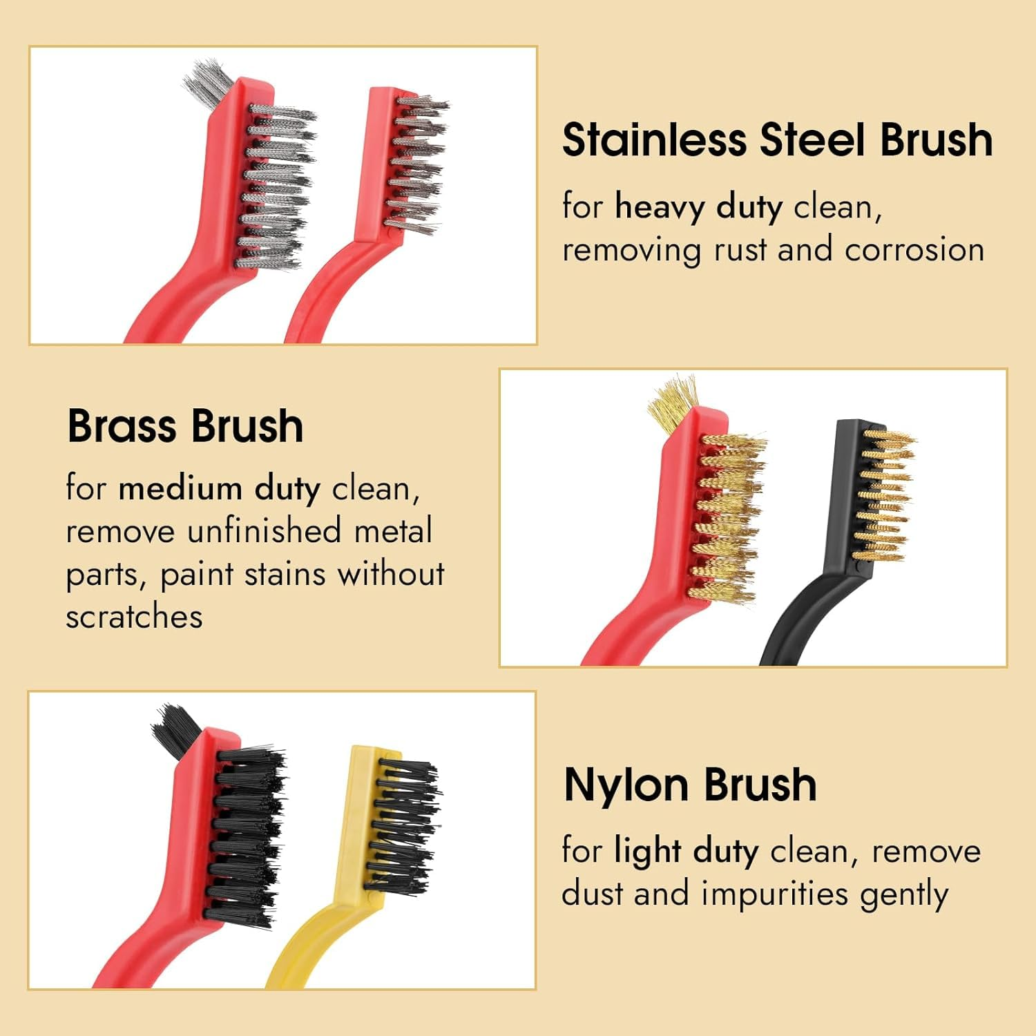 6 Pcs Wire Cleaning Brushes Set for Car, Small Metal Brass/Stainless Steel/Nylon Brushes for Cleaning Metal Rust and Paint Removal,Hard Bristle Cleaning Supplies for Car,Kitchen, Bathroom,Toilet image number 3