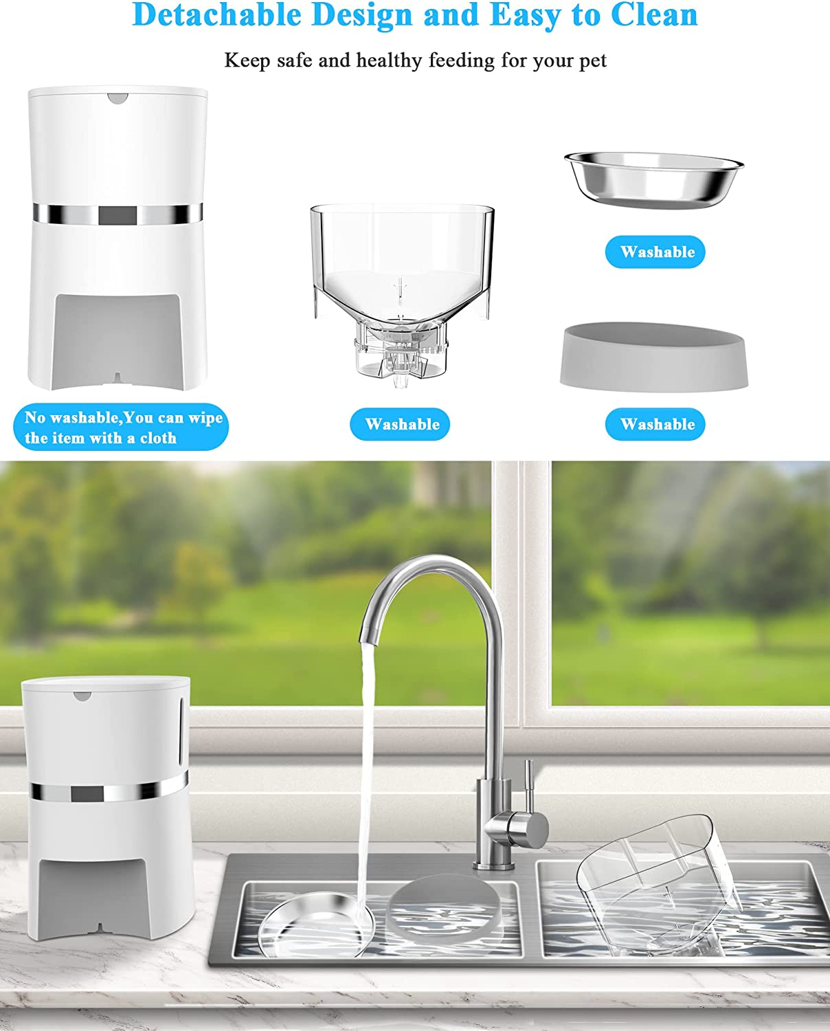 Automatic Cat Feeder, Welltobe Timed Pet Feeder Dry Food Dispenser for Cats & Dogs with Desiccant Bag, Programmable Portion Control, 10S Meal Call,1-6 Meals per Day, Dual Power, Stainless Bowl (S36) image number 2