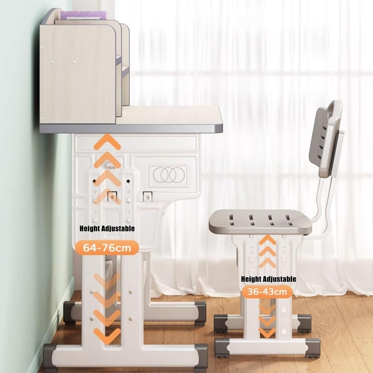 Kids' Study Desk Chair Sets, Adjustable Height, Ergonomic Design, with Large Storage Drawer and Bookshelf, Grey, for Bedroom image number 1