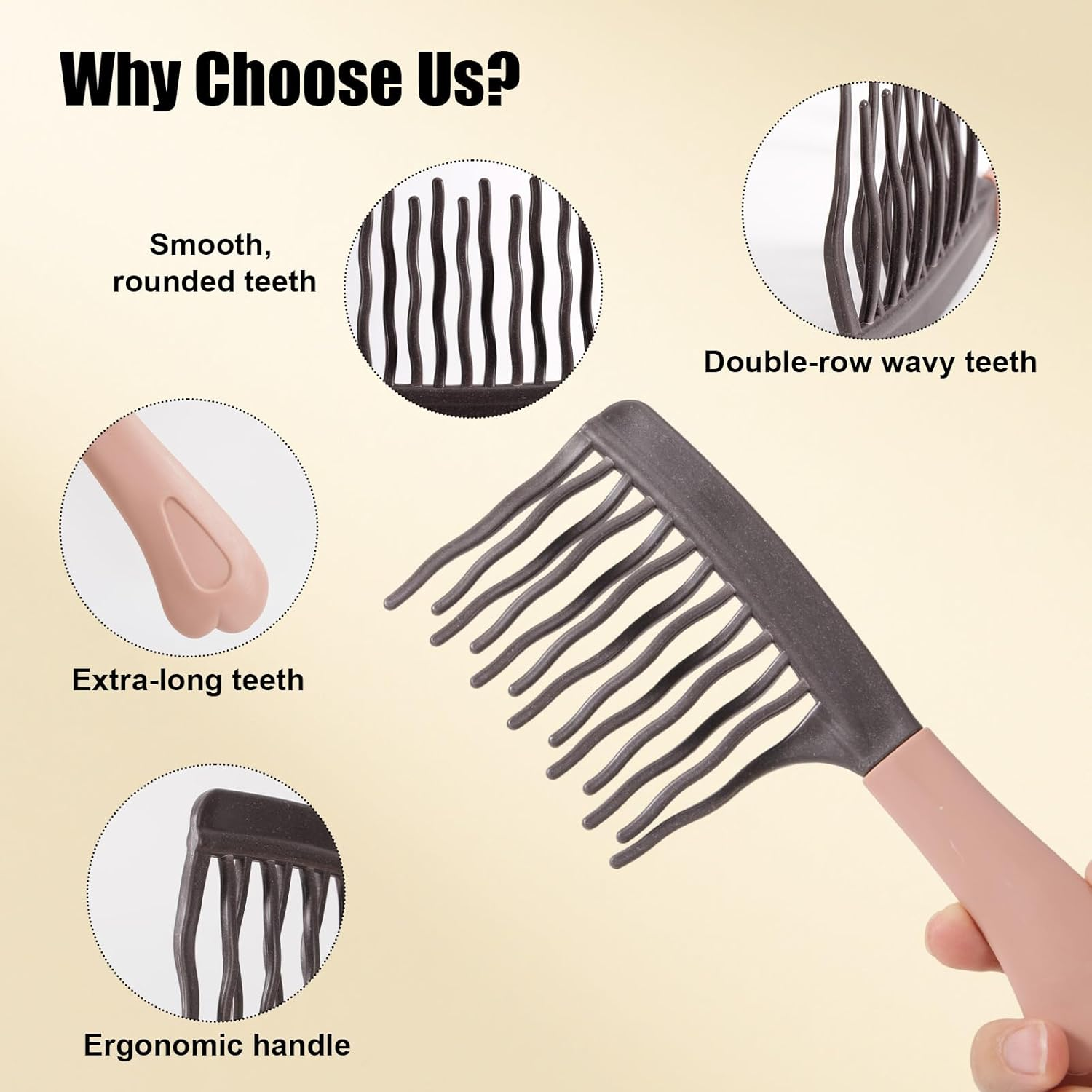 Fukaisu 2Pcs Wide Tooth Curly Hair Comb, Detangling Hair Brush with Double Row Wavy Tooth Design for Long/Thick Dry/Soggy Hairs for Women/Girl(Grey)