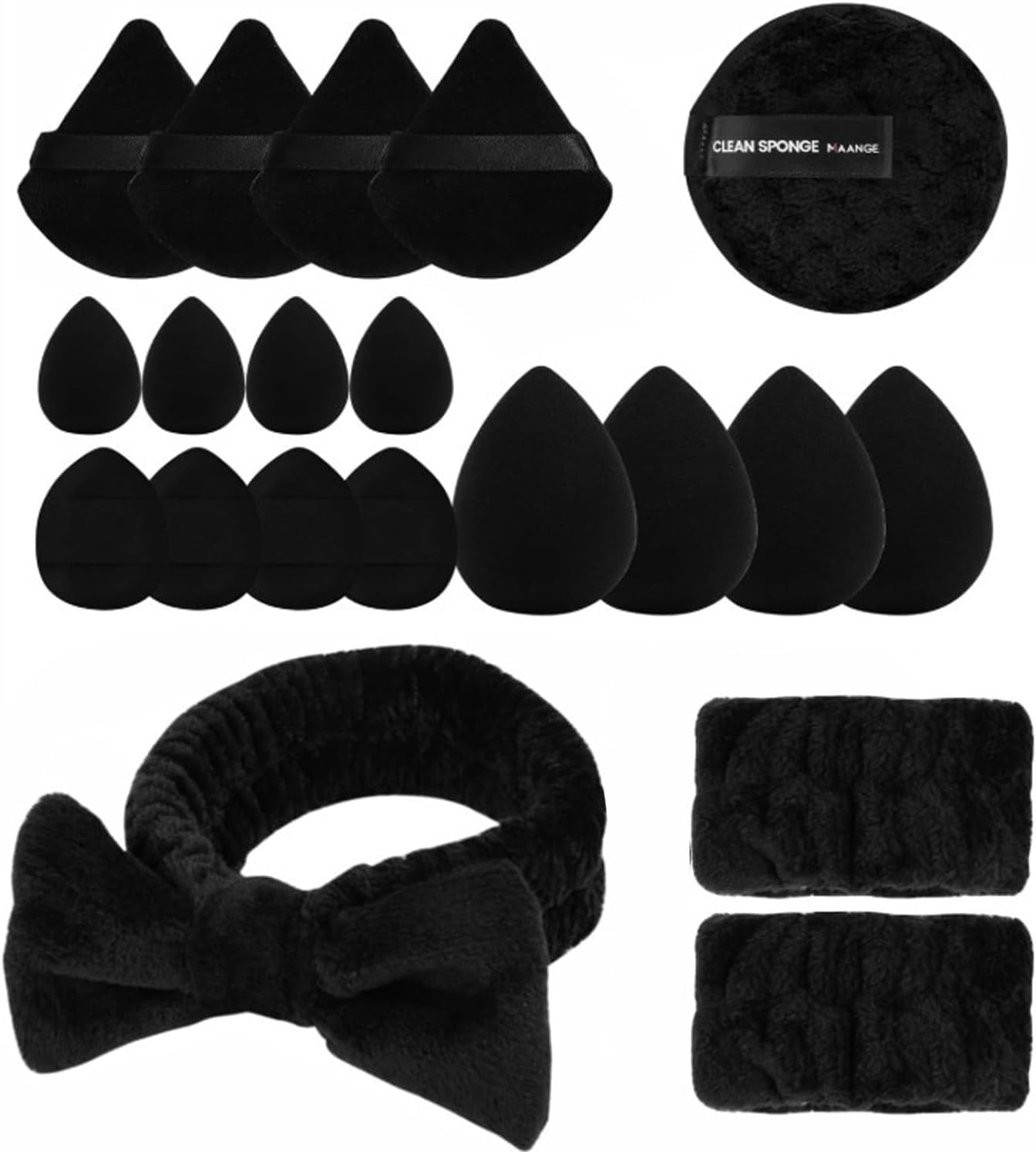 BEANPRECOY Powder Puff and Makeup Sponges Set Reusable Face Makeup Sponge with Strap Wet/Dry Use for Foundation & Powder Fluffy Bow Headband & Absorbent Wristband Used for Washing Face and Skincare