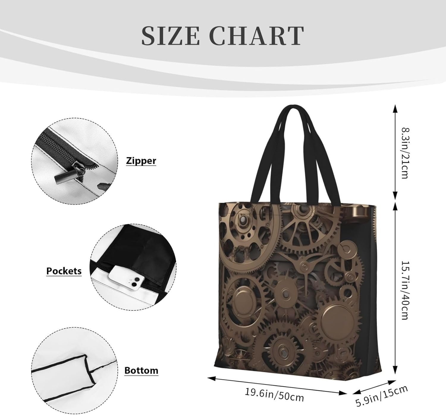 STVYUKL Steampunk Mechanical Gears Tote Bag for Women Casual Portable Shopping Handbags with Zipper Inner Pocket Reusable Waterproof Beach Grocery Bag for Shopping Travel Work, Black, One Size image number 1