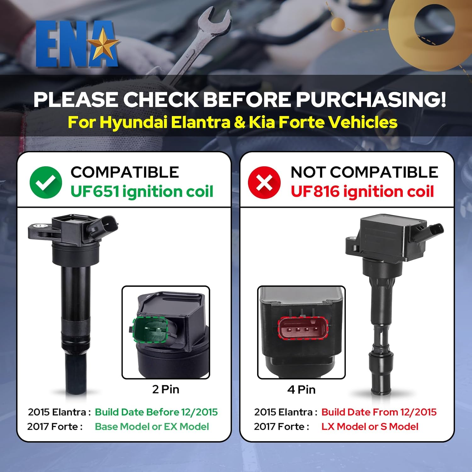 Pack of 4 Ignition Coils for 2011-2017 Hyundai - Elantra GT Coupe Tucson - 2014-2016 Kia Forte Soul 1.8L 2.0L 27300-2E000 273002E000 27301-2E000 273012E000 BLACK