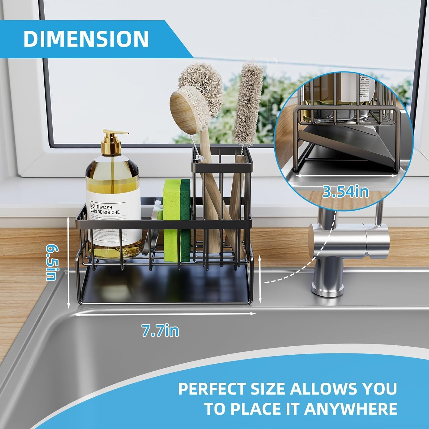 Sponge Holder for Kitchen Sink Caddy Organizer, Soap Sponge Caddy with Brush Holder, Rustproof Sink Accessory with Dividers for Storage Kitchen Gadgets image number 6