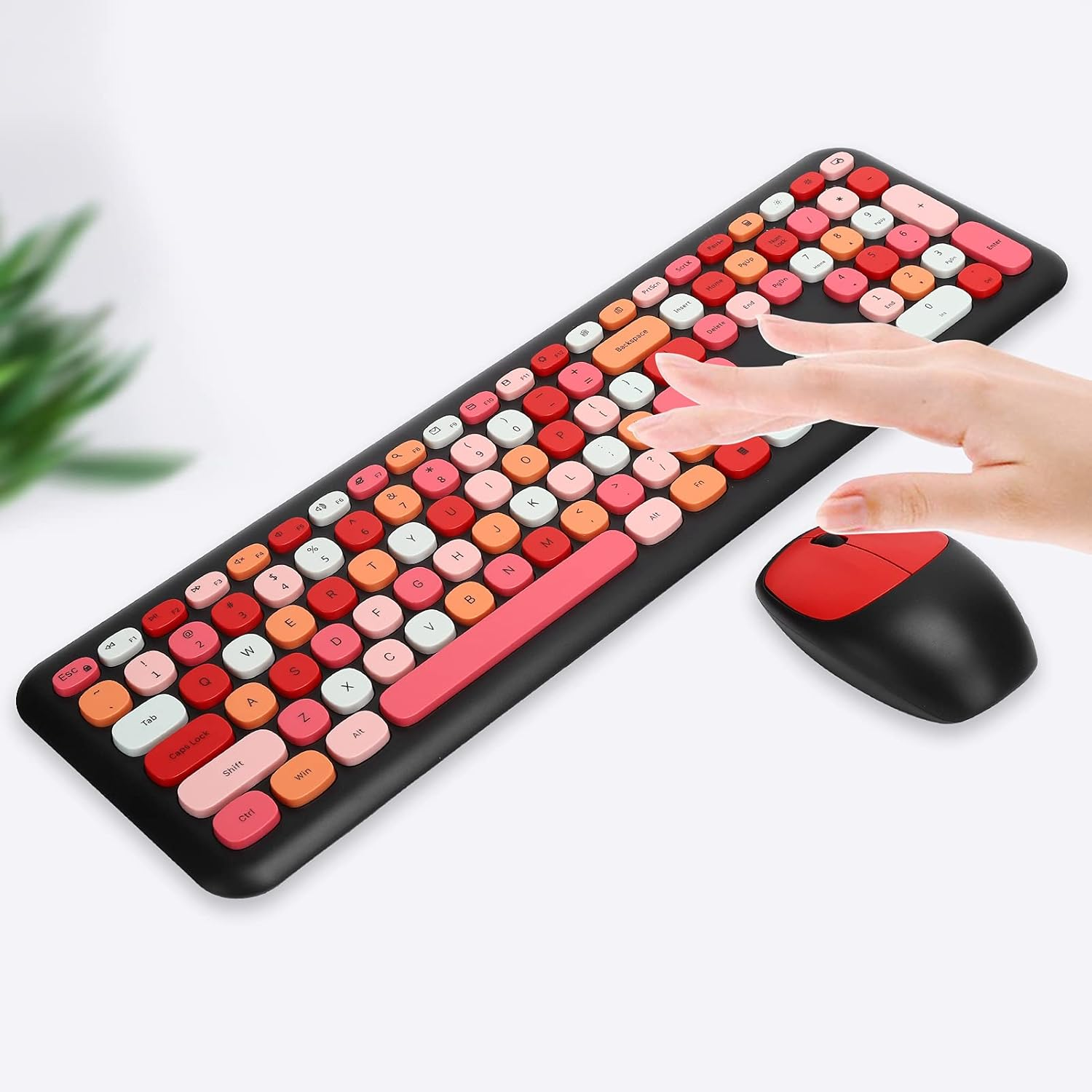 Wireless Keyboard and Mouse Combo, 2.4G Slim Full Size Colorful Keyboard Mouse Set, 110 Keys Cute round Retro Typewriter Keyboard for Computer, PC, Notebook, Laptop(Black)