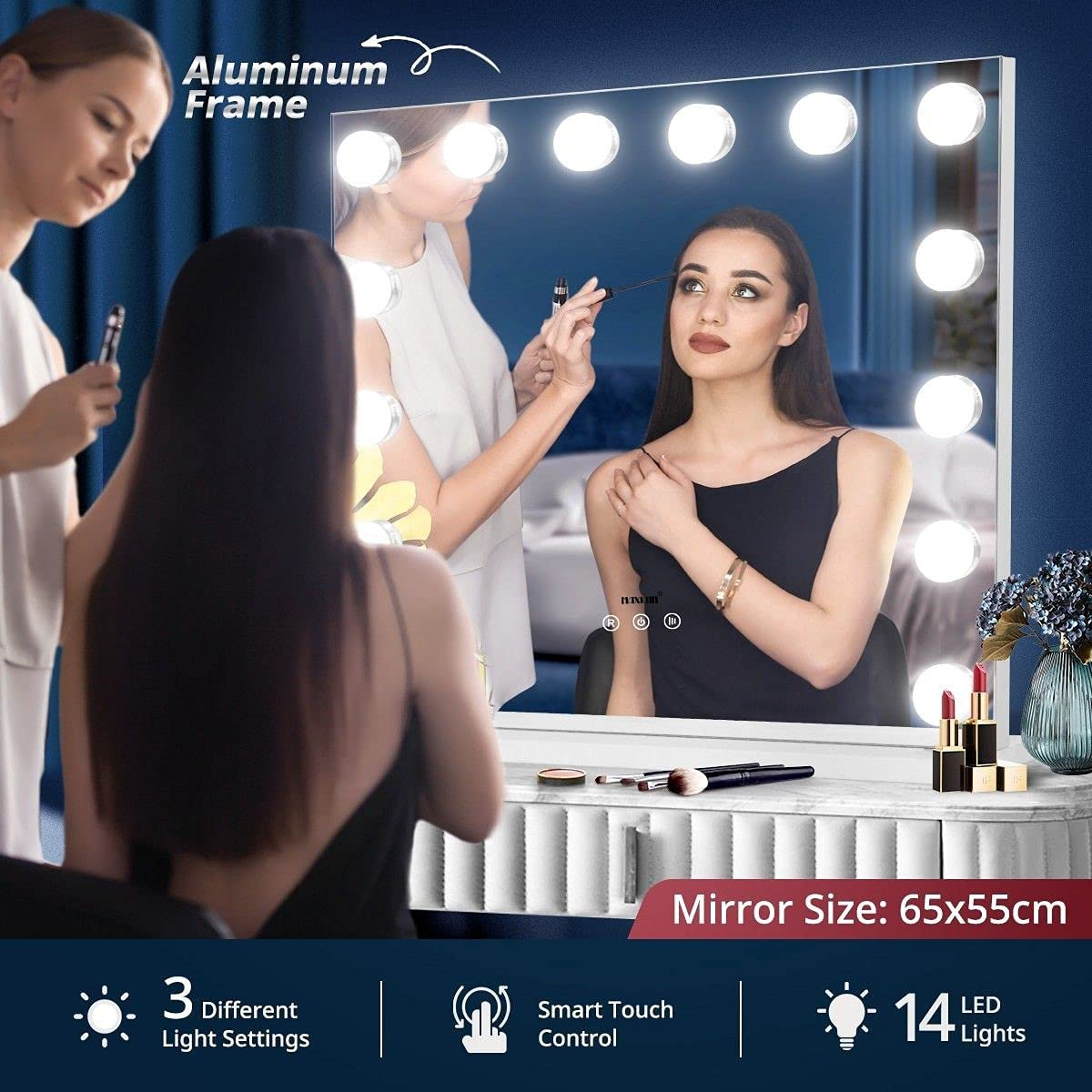 Maxkon Hollywood Mirror 14 LED Light Makeup Mirror Large Dressing Cosmetic Vanity Mirror with Touch Screen Aluminium Frame 65X55Cm image number 3