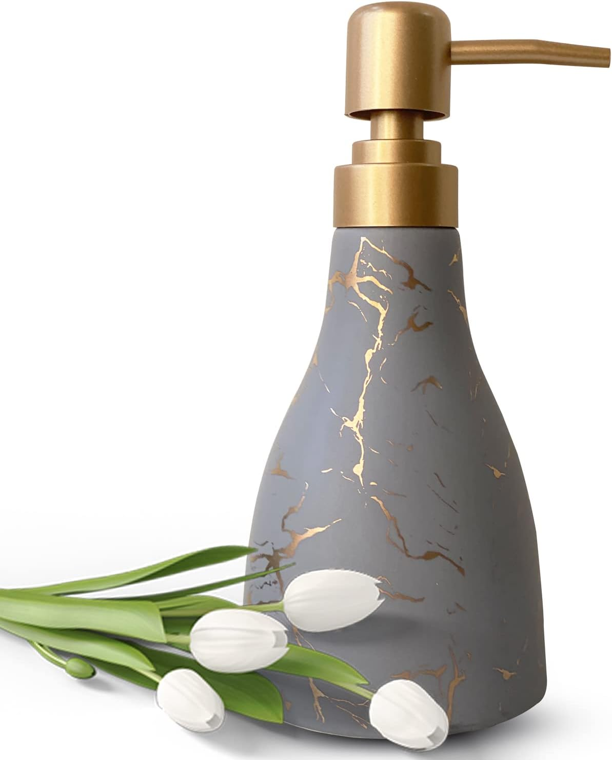 Grey Ceramic Soap Dispenser for Bathroom & Kitchen with Marble Pattern Liquid Hand Dispenser Pump Bottle (Grey)