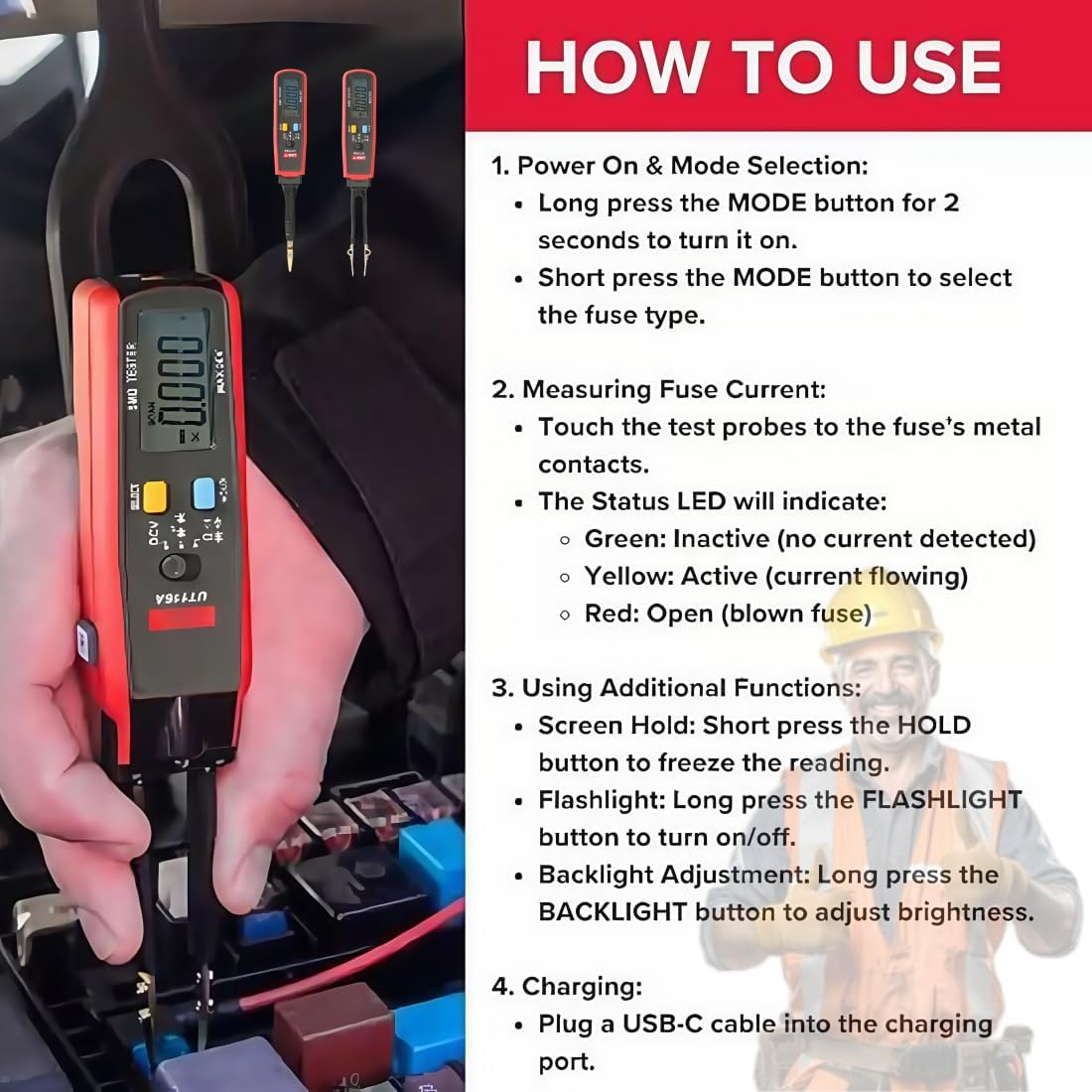 Parasitic Draw Fuse Tester Automotive, Car Circuit Tester Monitor Accessories, Fuse Monitor, Maxi & ATC Fuses Live Current Readings, Replaceable Tips and Built-In Flashlight (2PC) - 1Pc image number 4