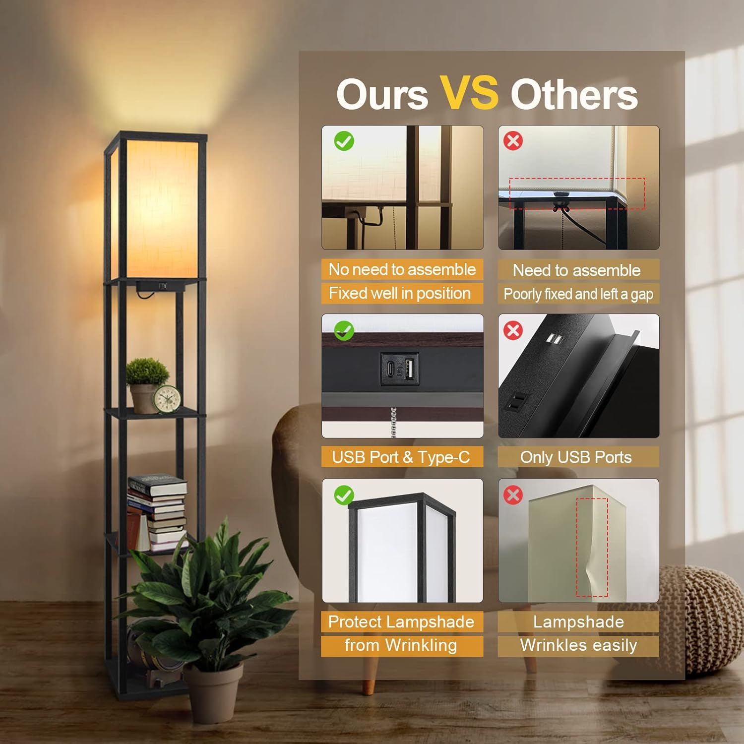 OUTON LED Floor Lamp with Shelves, Dimmable Floor Lamp with 2 USB Ports, Remote Control, 4 Colour Temperature, Storage Display Tall Standing Lamp for Living Room Bedroom Office(Black) image number 3