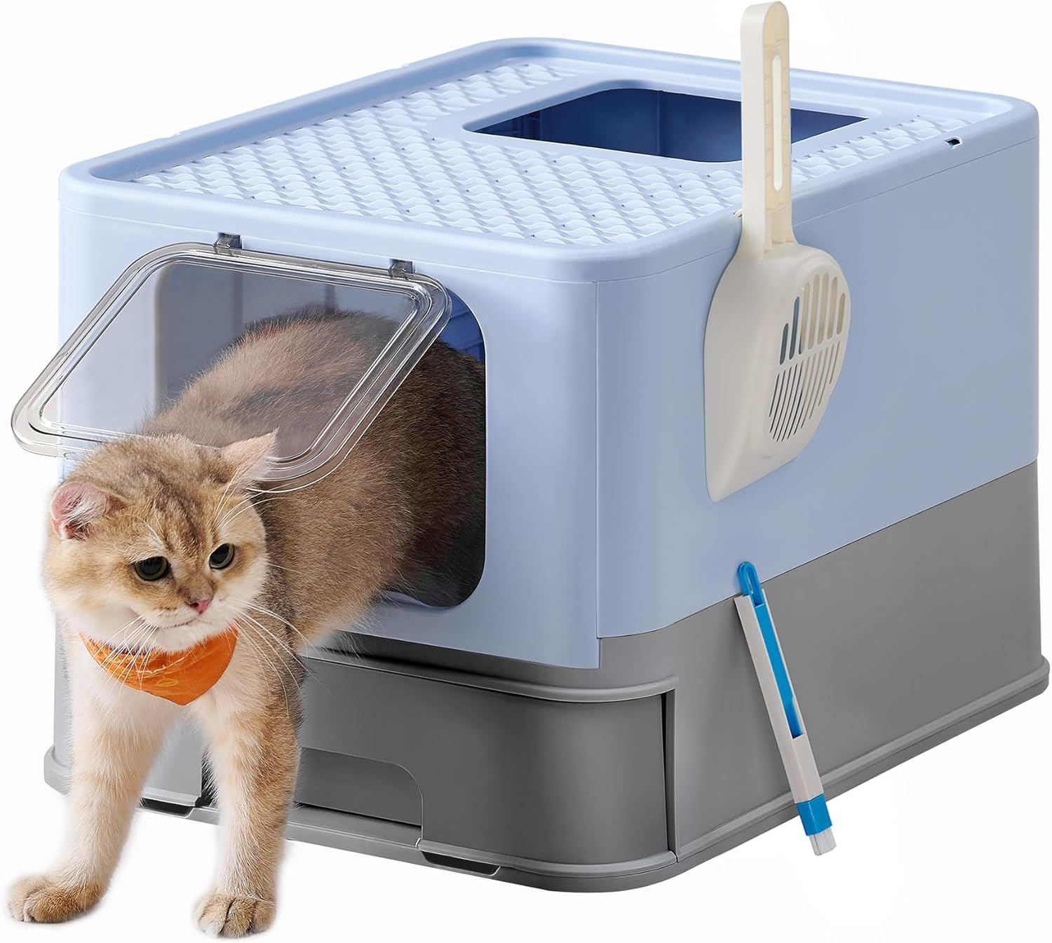 Feandrea Hidden Cat Litter Box, Cat Litter Tray with Hood, Slide-Out Tray, Scoop, Brush, Spacious for Large Cats, Max. Load 15 Kg, Anti-Tracking, Anti-Leaking, Pale Blue and Dove Grey PPT001Q01 image number 3