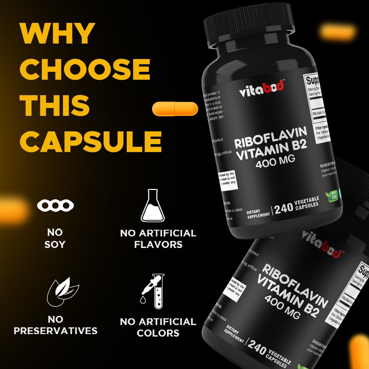 Vitamin B2 (Riboflavin) 400 Mg 240 Vegetarian Capsules - Support Cellular Energy and Red Blood Cell Production image number 6