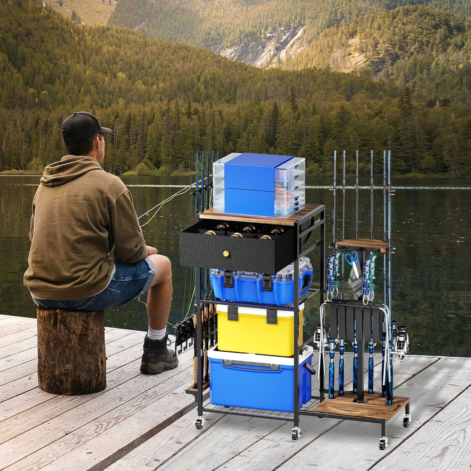 Fishing Rod Holders for Garage, 360&deg;Rotating Fishing Pole Holders, Fishing Rod Rack Cart Holds up to 12 Rods, Fishing Rod Storage Stand Equipment Organizerfor Men image number 3