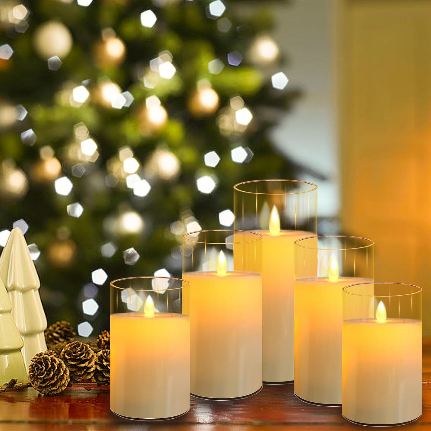 FRNYFREL Led Flameless Candles, Battery Operated Candles, Acrylic Flickering LED Pillar Candles with Remote Control and Timer, 3D Wick, D3" Xh4" 4" 5" 5" 6", Set of 5